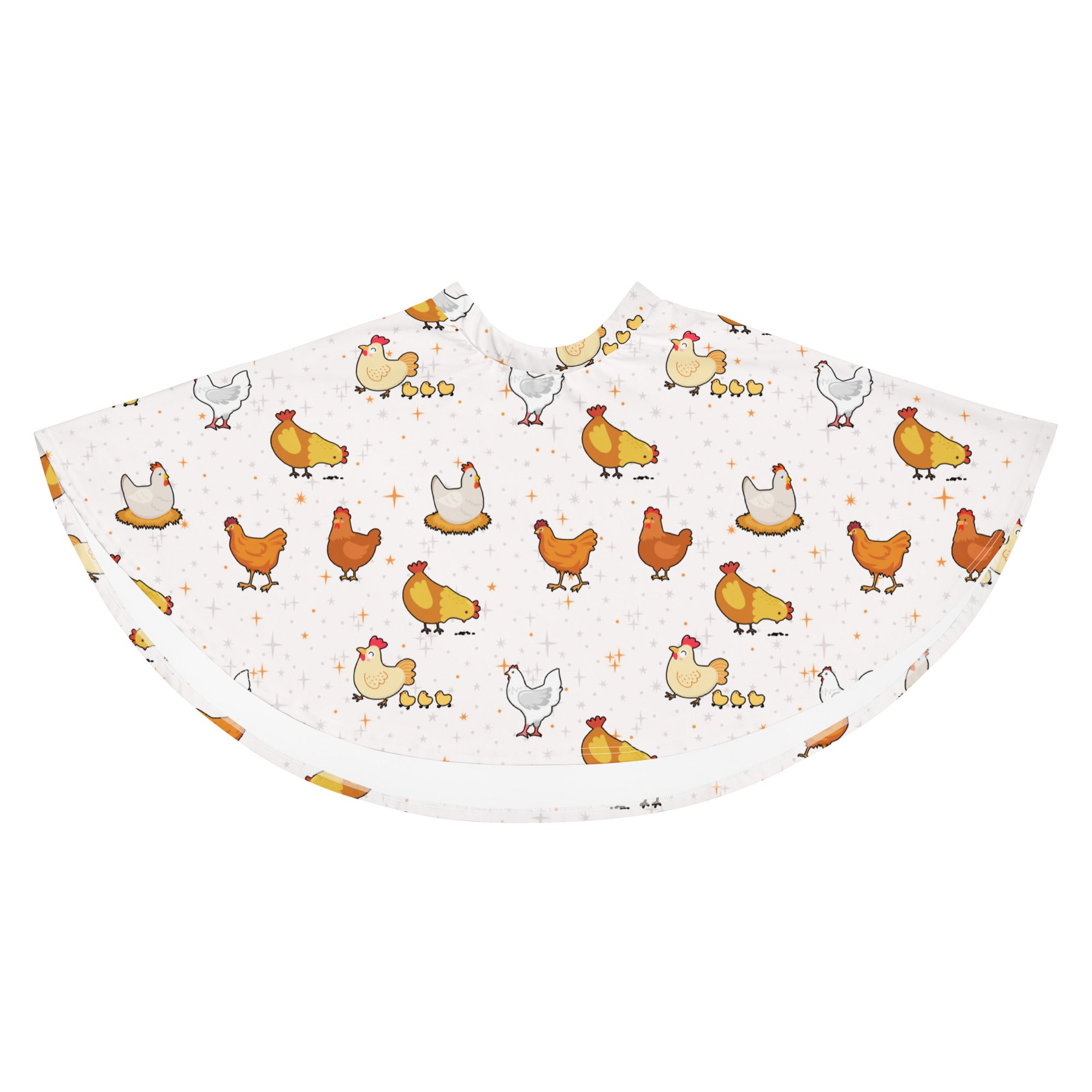 White women’s chicken skater skirt with playful multicolor cartoon pattern made from flowy recycled fabric with upf 50+