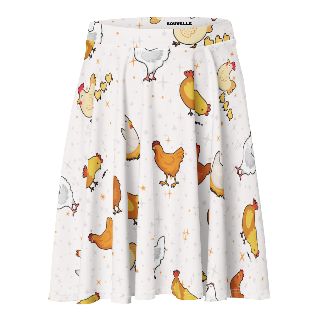 White pleated women’s chicken skater skirt with colorful cartoon chickens, star accents, upf 50+, and recycled fabric