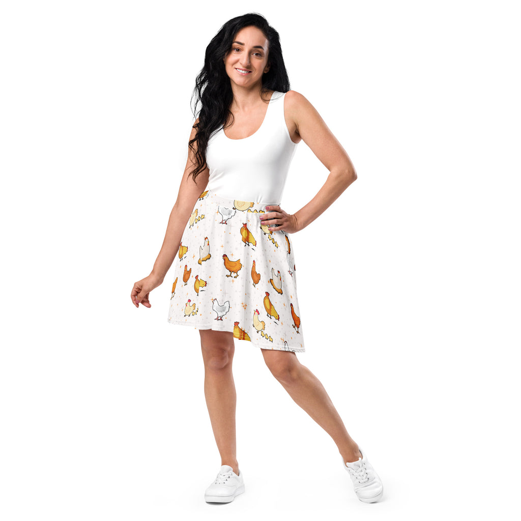 White women’s chicken skater skirt with colorful cartoon chicken pattern flowy high waisted UPF 50 recycled fabric