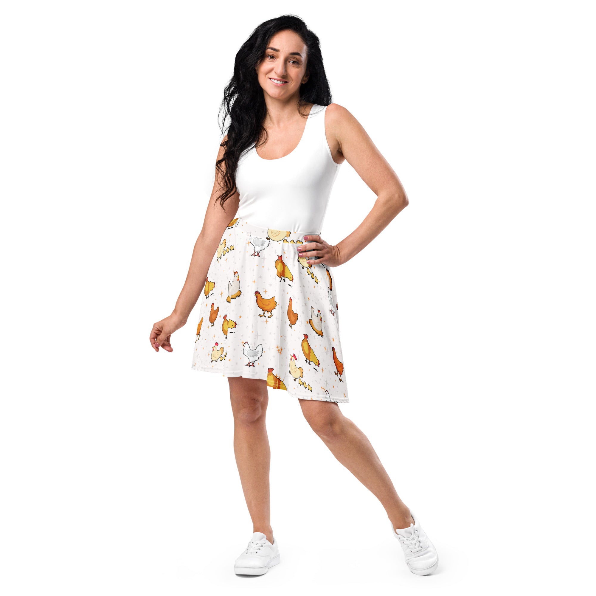 White women’s chicken skater skirt with colorful cartoon chicken pattern flowy high waisted UPF 50 recycled fabric
