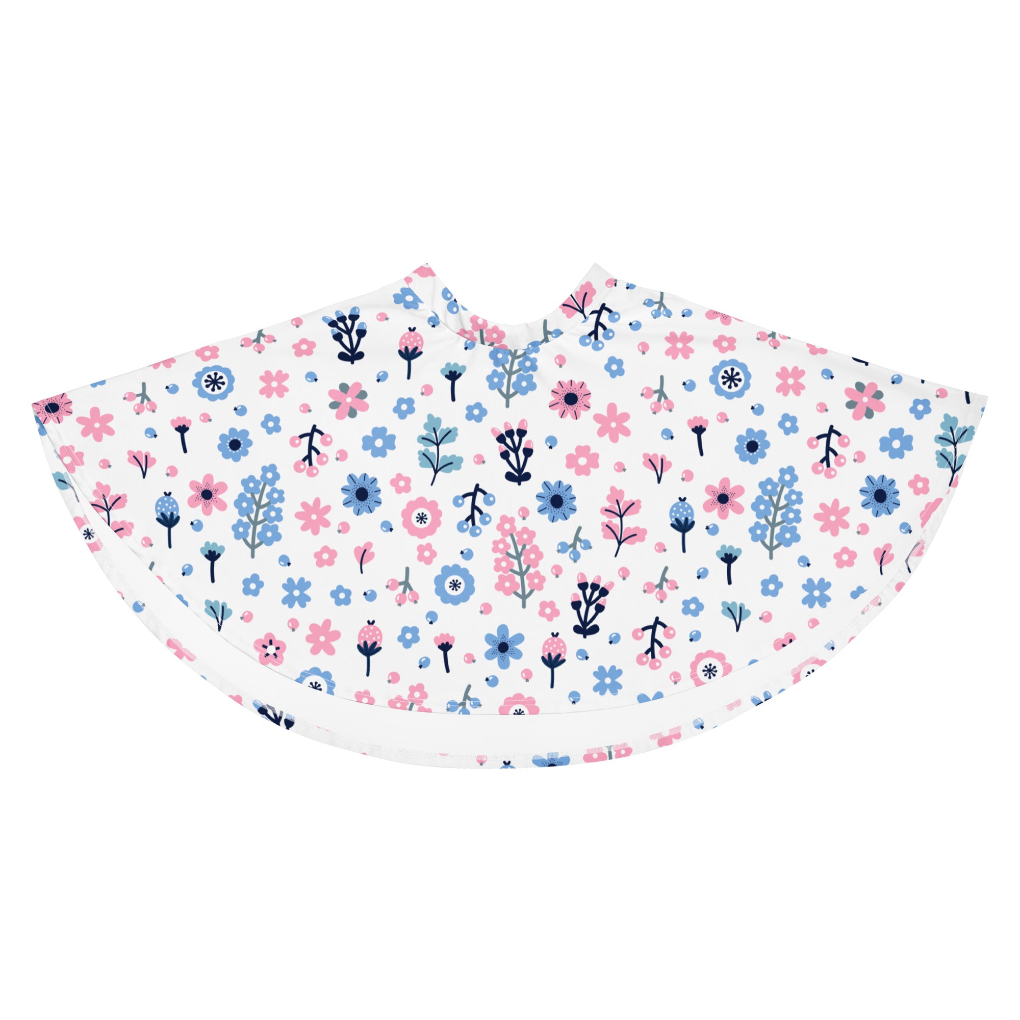 White rain poncho with playful pink and blue floral pattern and black stems for women with upf 50 plus protection