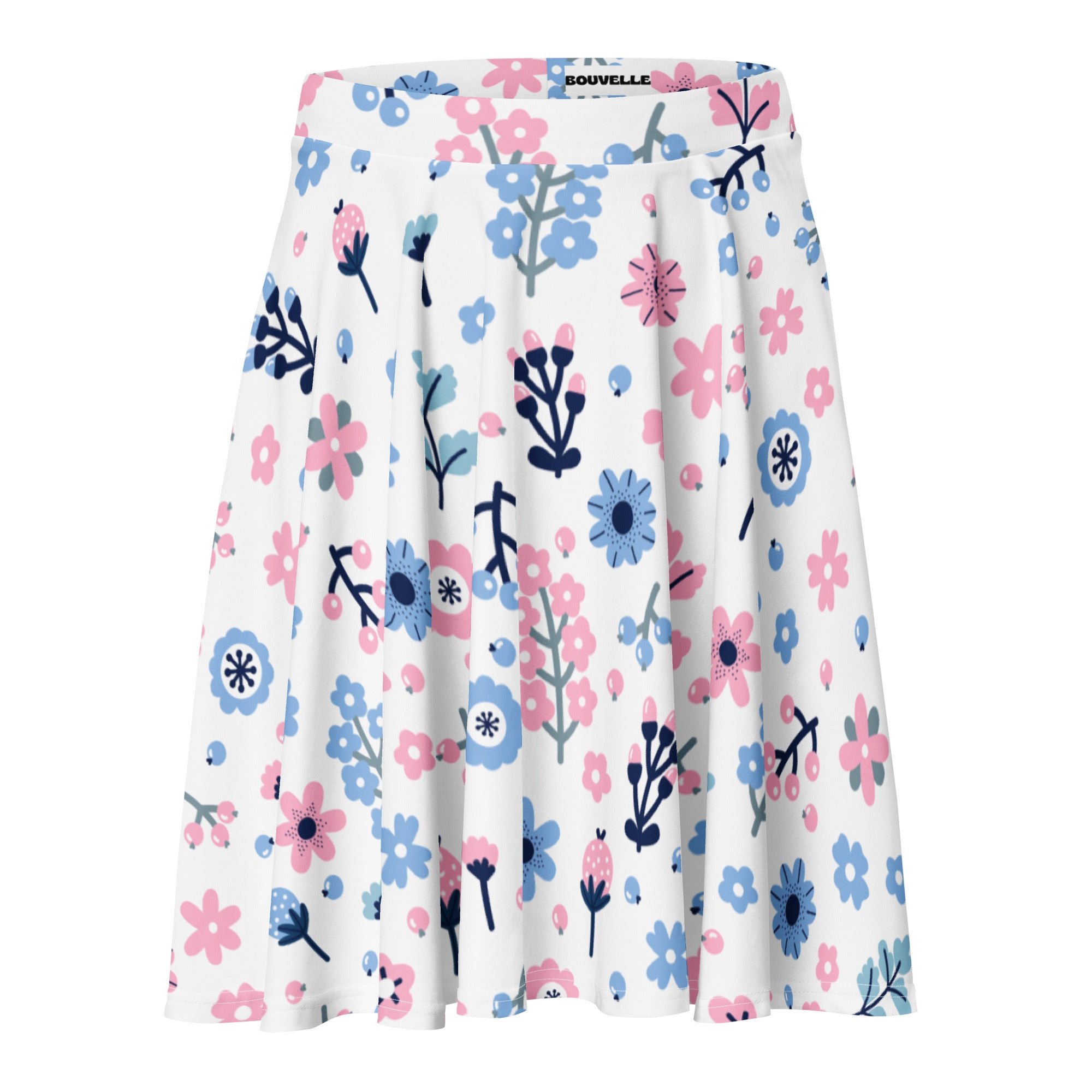 White pleated women’s floral skater skirt with pink and blue flowers navy stems made by bouvelle with upf 50+ and recycled fabric