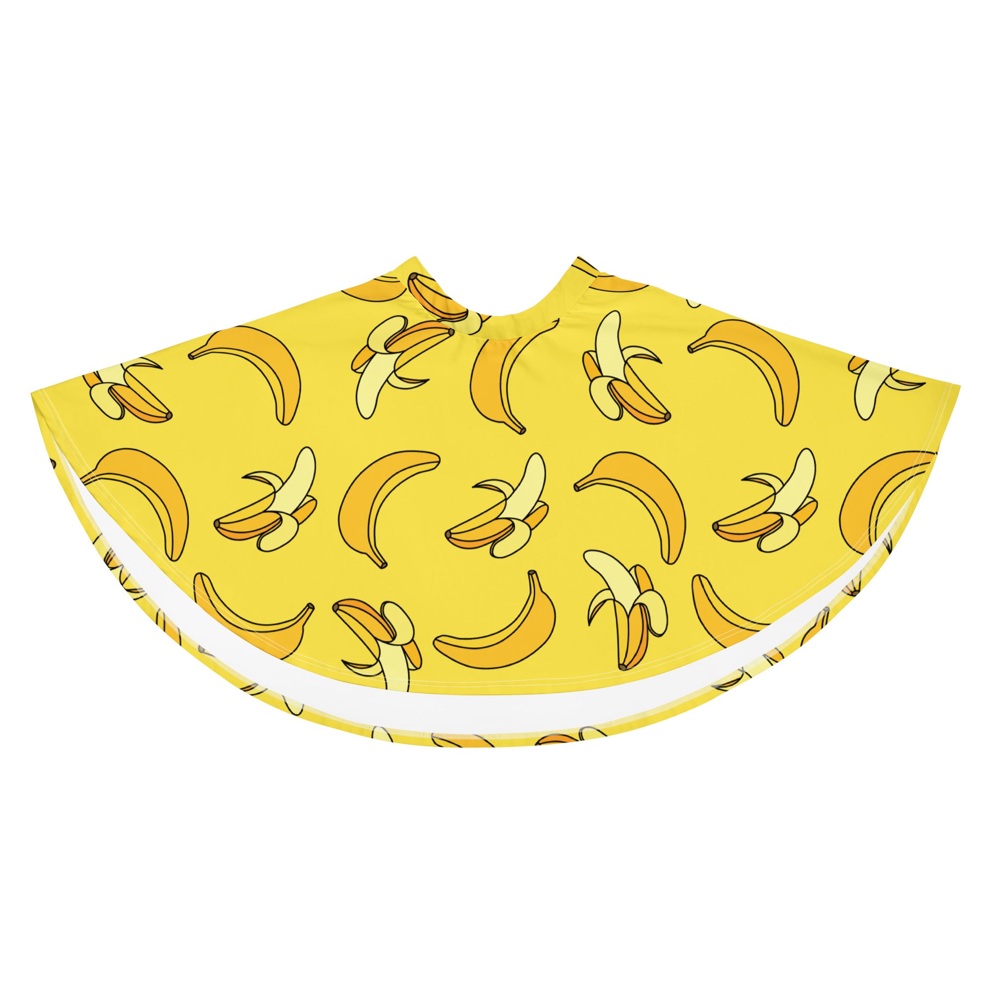 Women’s yellow banana patterned skater skirt with white trim flowy high waisted recycled fabric upf 50+