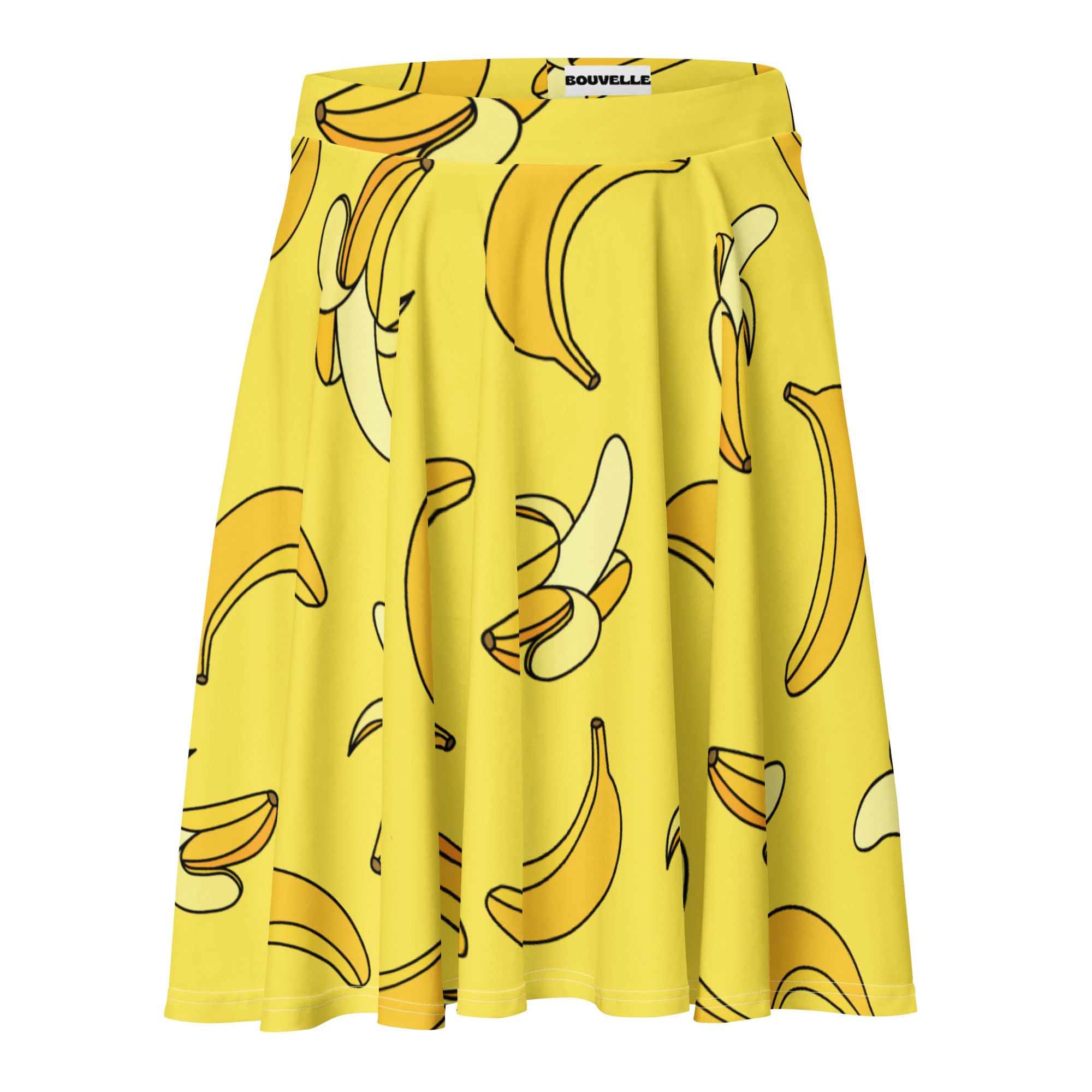 Women’s yellow banana skater skirt with playful cartoon banana pattern flowy high waisted upf 50 plus recycled fabric
