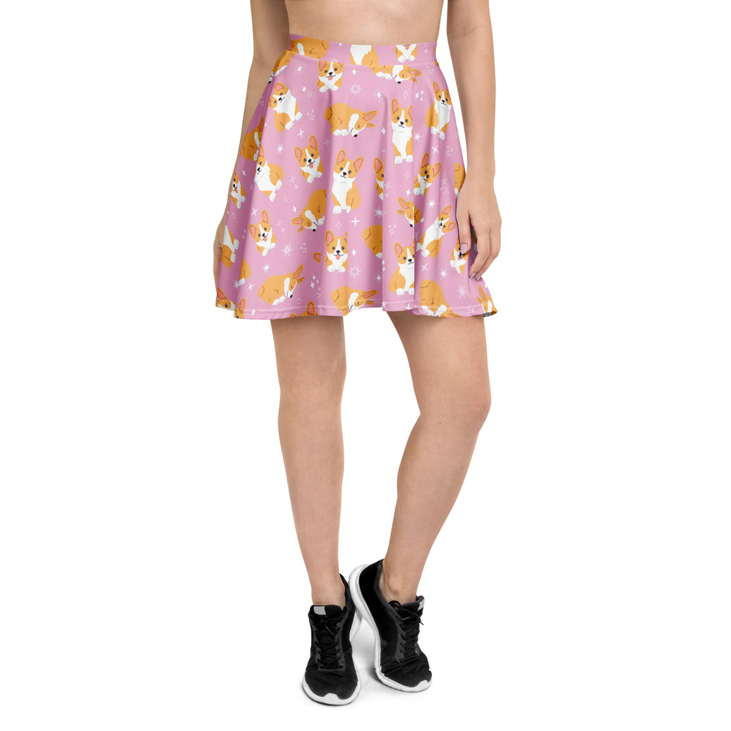 Women’s pink corgi dog skater skirt with orange and white corgi pattern flowy high waisted recycled fabric upf 50+