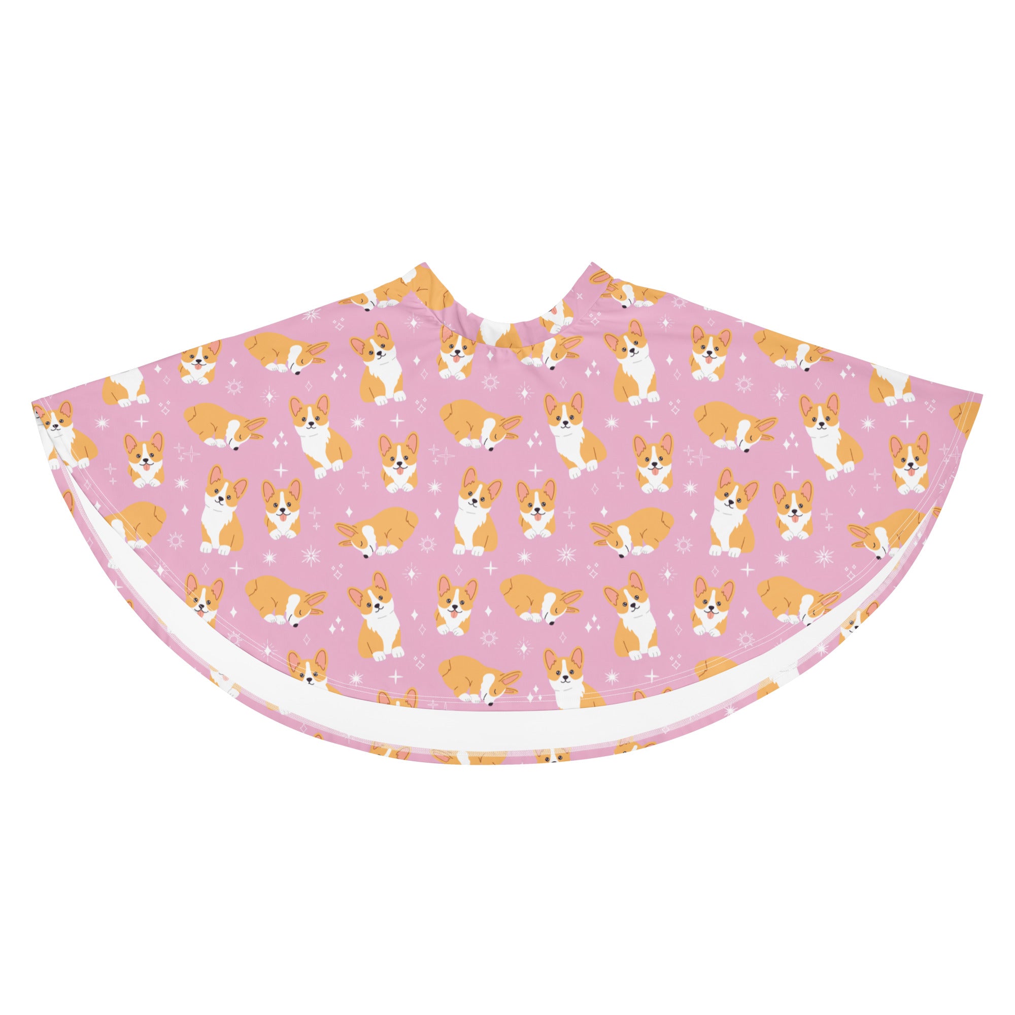 Women’s pink corgi dog skater skirt with flowy high waist white trim recycled fabric and upf 50 plus protection