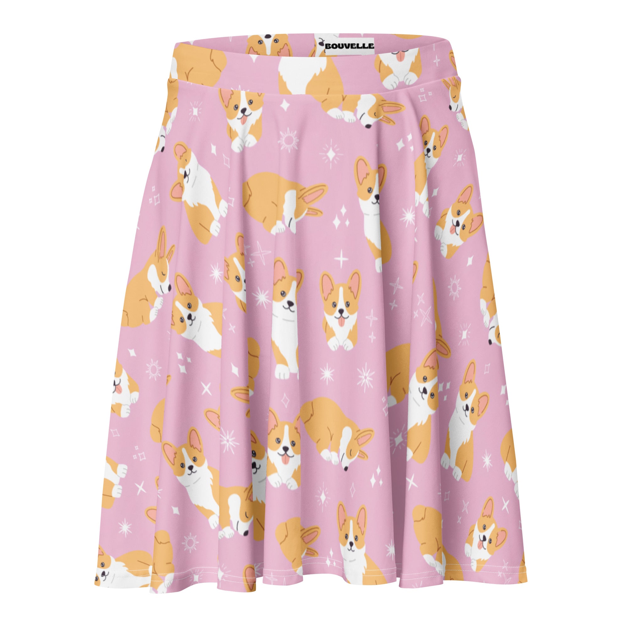 Women’s pink corgi dog skater skirt by bouvelle with flowy high waisted design upf 50 plus and recycled fabric