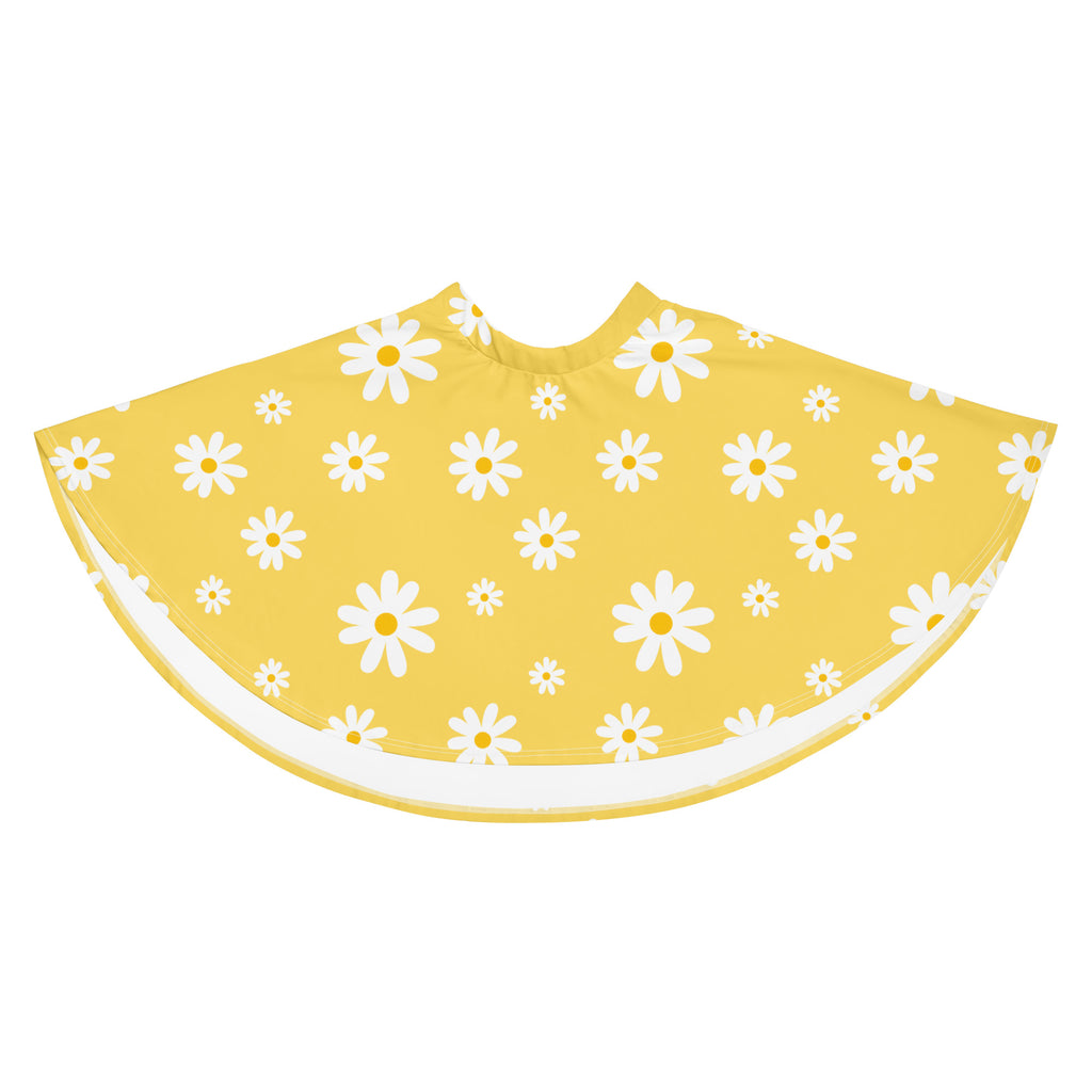 Yellow daisy patterned cape with white trim for women featuring flowy fabric and recycled material