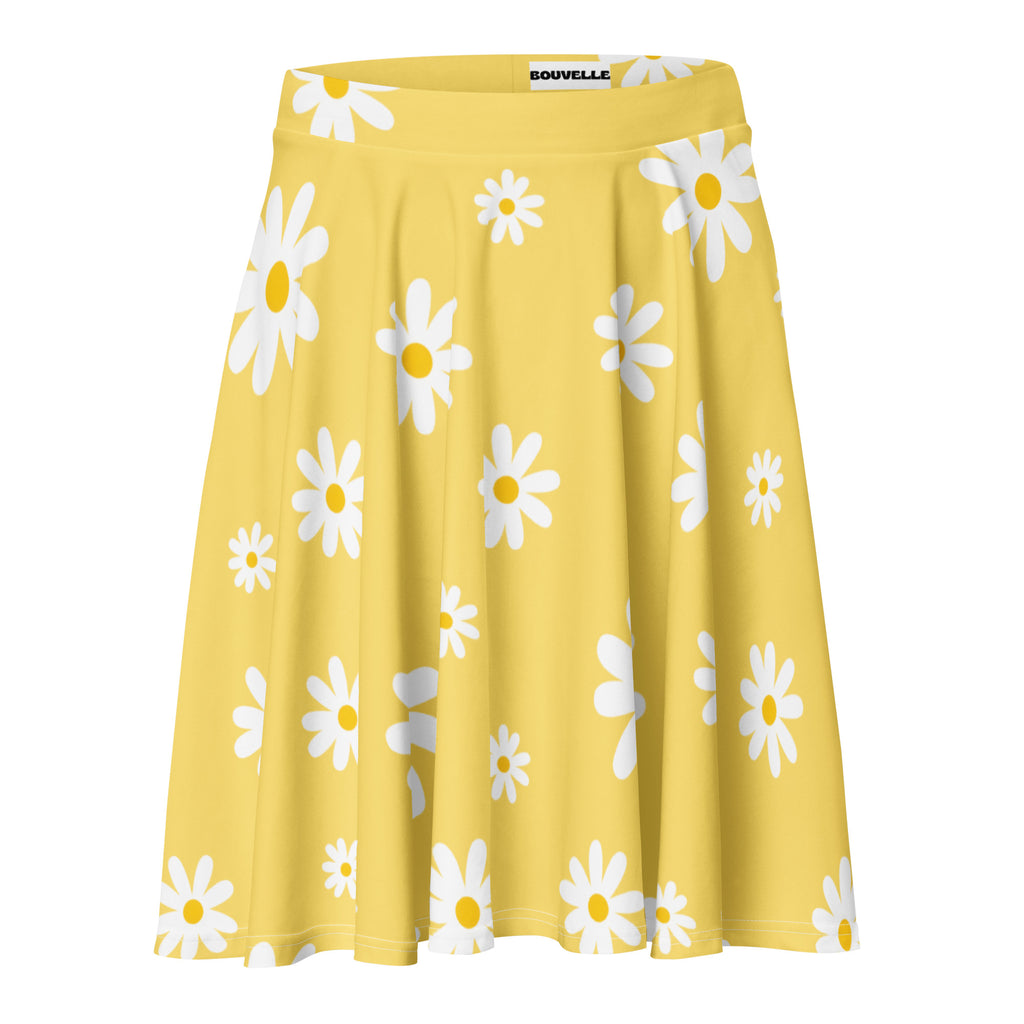 Women’s yellow daisy skater skirt with white daisy pattern flowy high waisted recycled fabric upf 50 plus protection