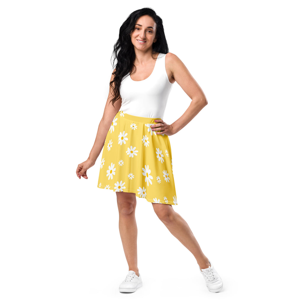 Women’s yellow daisy skater skirt with white floral pattern flowy high waisted upf 50 plus recycled fabric