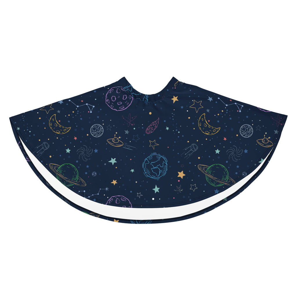 A navy blue space-themed barber cape with colorful whimsical planets stars moons and ufos in line-art style
