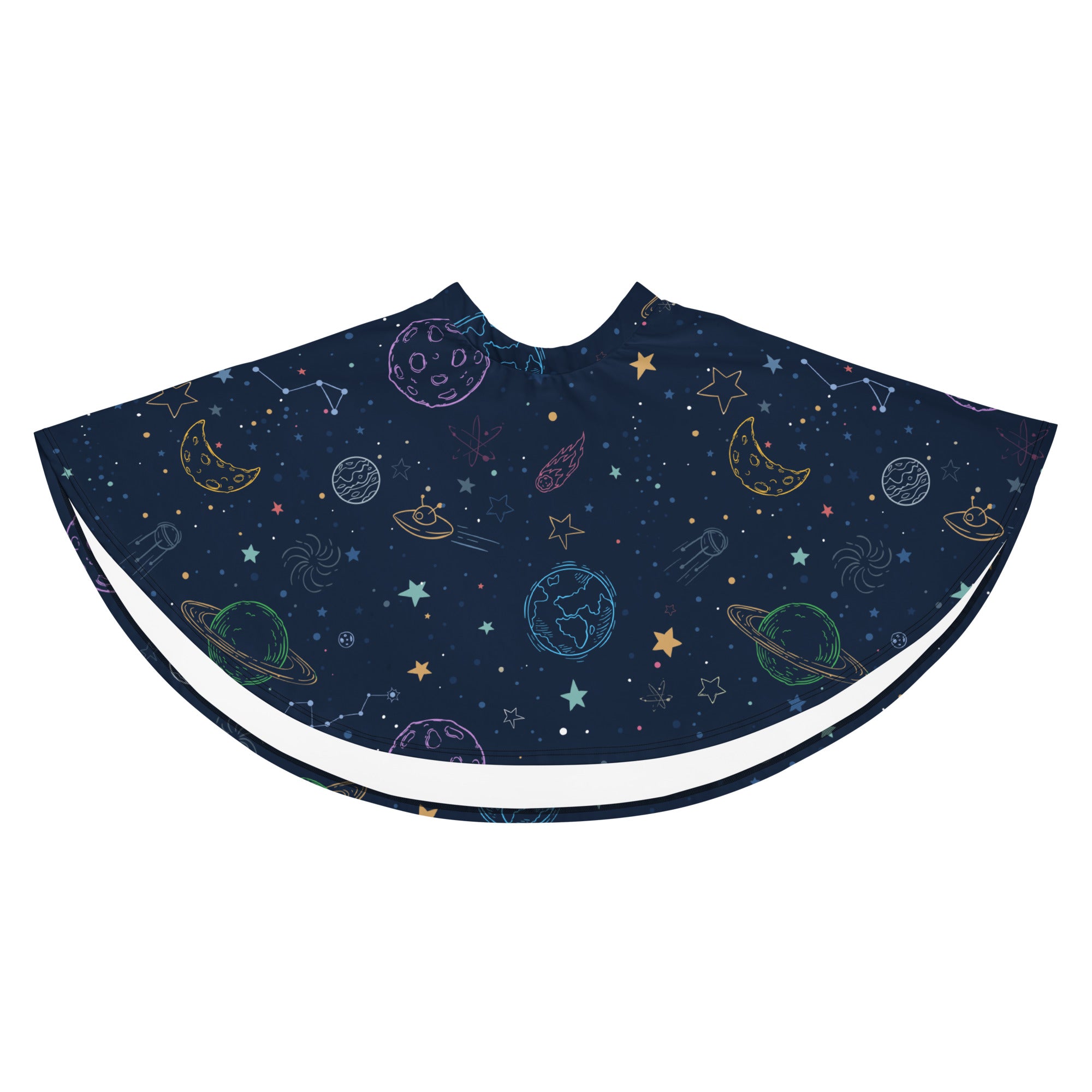 A navy blue space-themed barber cape with colorful whimsical planets stars moons and ufos in line-art style