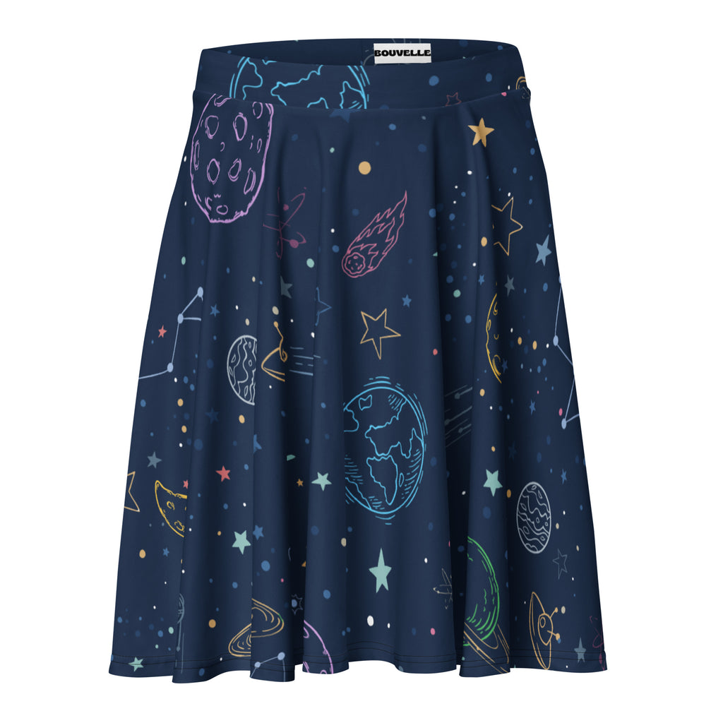 A navy blue pleated women’s skater skirt with colorful space-themed print made from recycled fabric with UPF 50+ protection