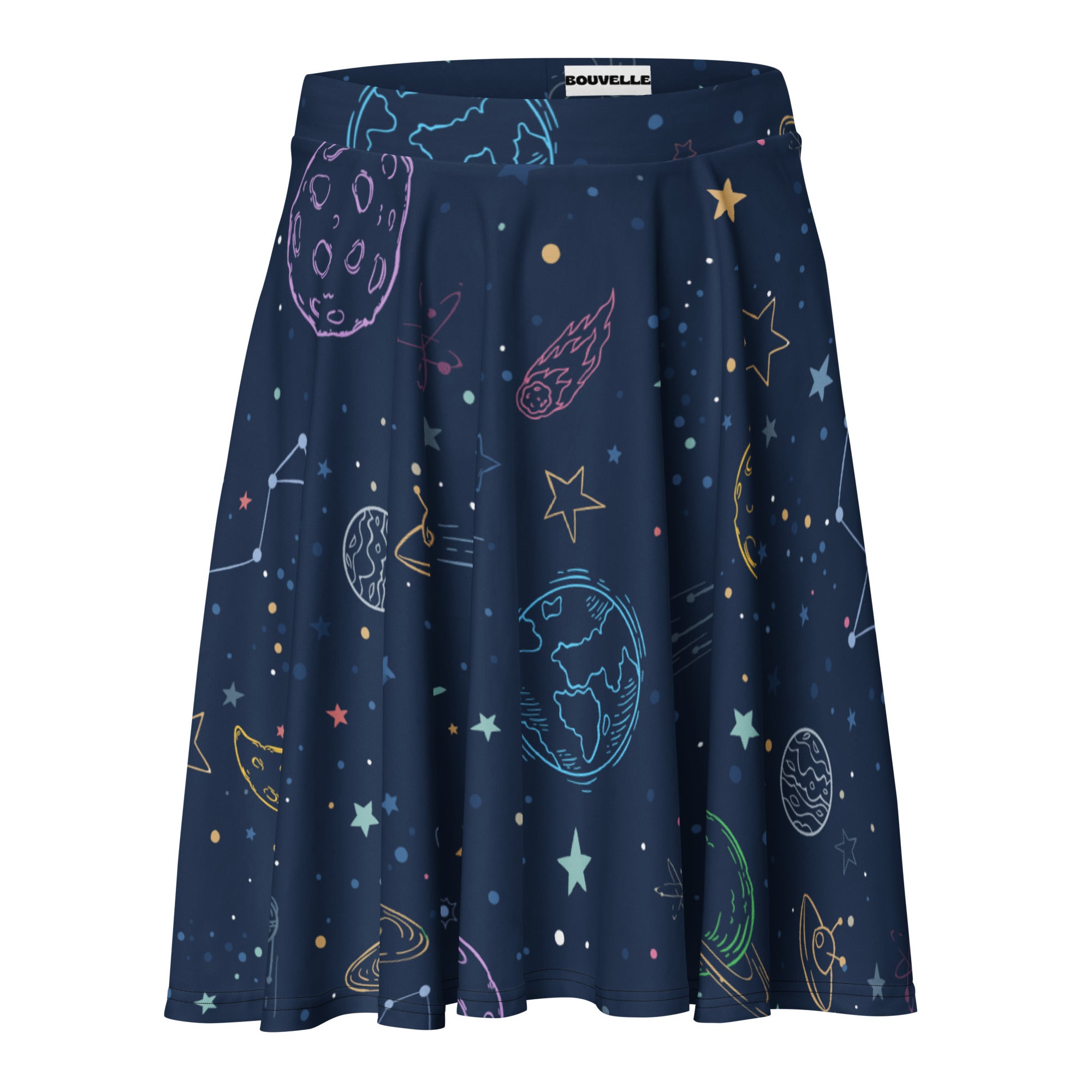 A navy blue pleated women’s skater skirt with colorful space-themed print made from recycled fabric with UPF 50+ protection