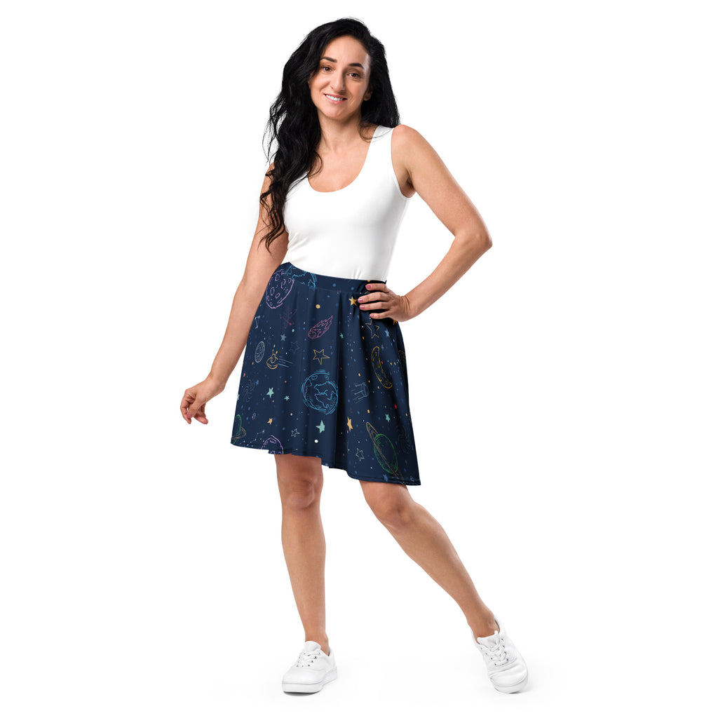 A navy blue a-line skater skirt with pastel space-themed print made from recycled fabric with UPF 50+ protection