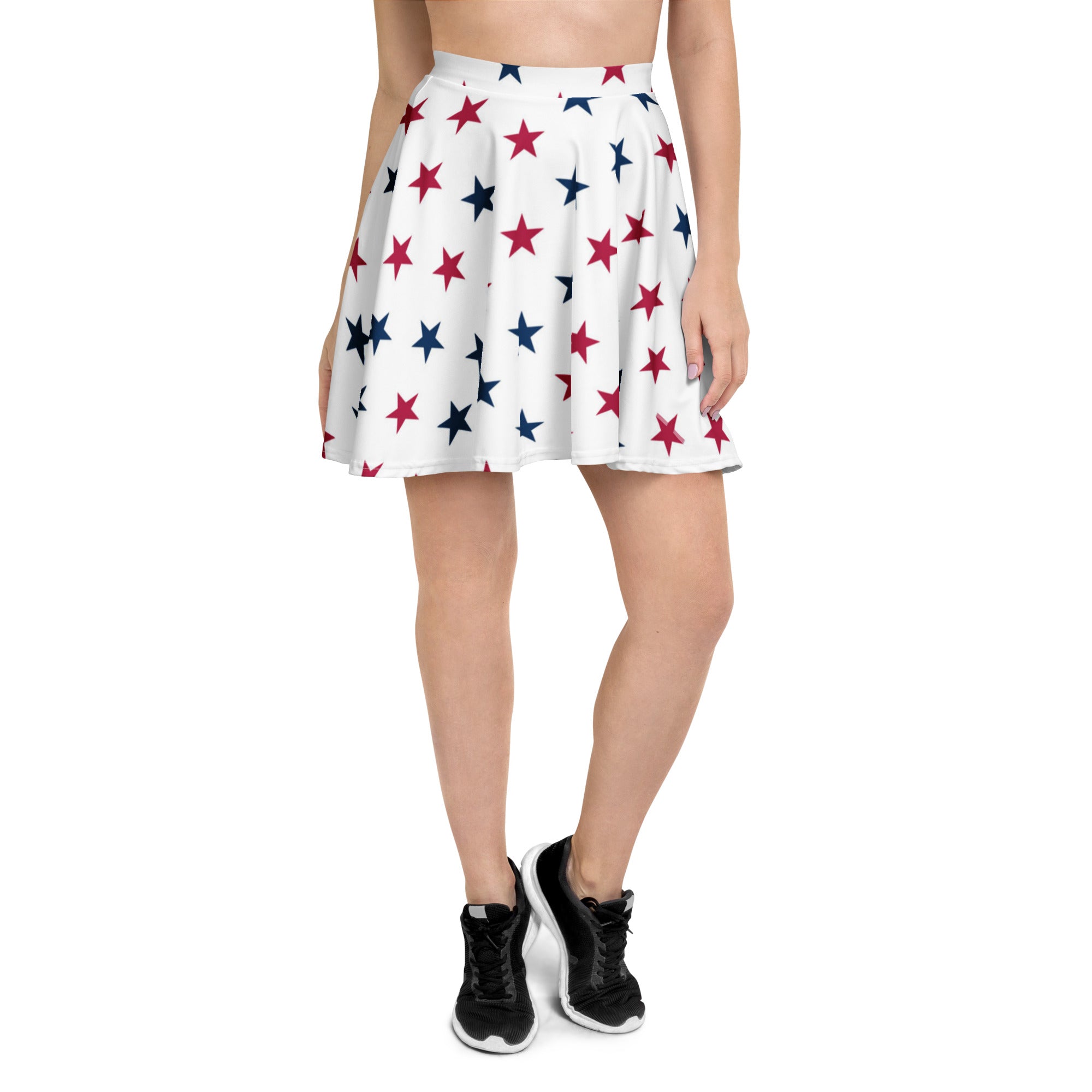 White pleated women’s patriotic star skater skirt with red and navy blue stars flowy high waisted upf 50 recycled fabric