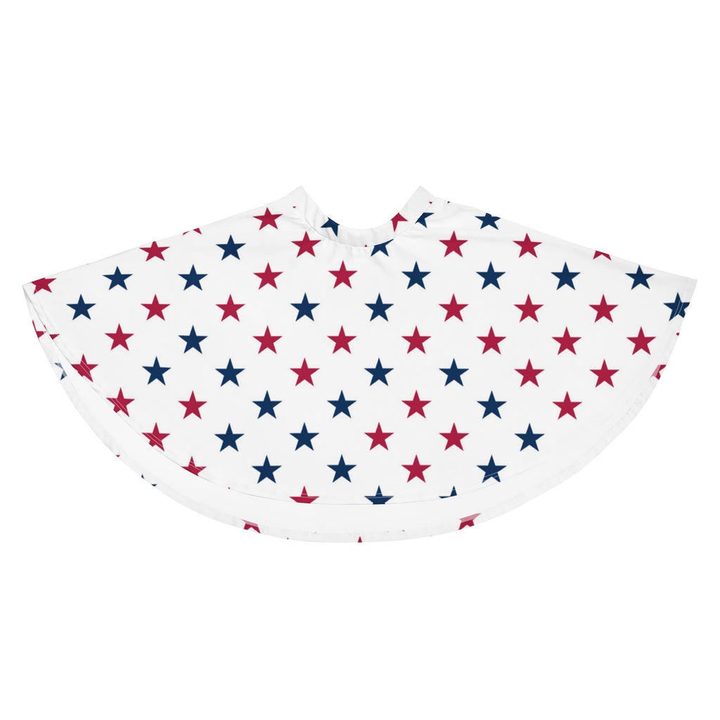 White barber cape with red and navy blue stars pattern paired with women’s patriotic star skater skirt with upf 50 and recycled fabric