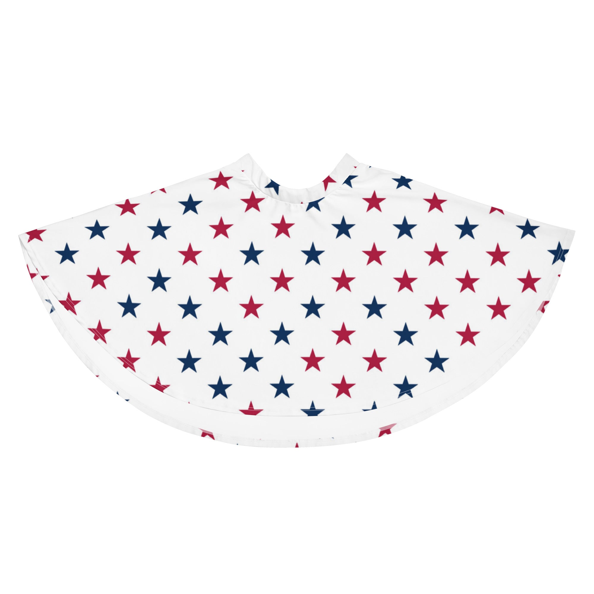 White barber cape with red and navy blue stars pattern paired with women’s patriotic star skater skirt with upf 50 and recycled fabric