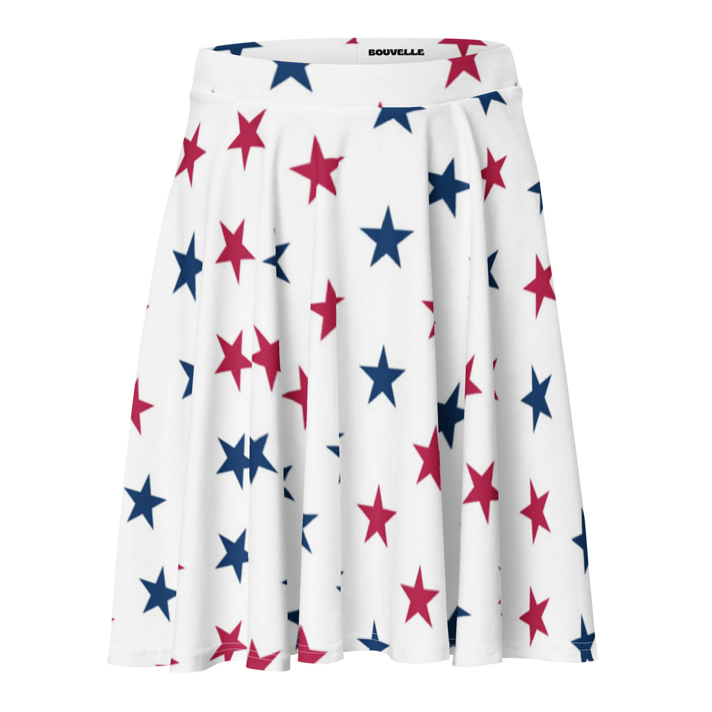 White pleated women’s patriotic star skater skirt with red and blue stars high waisted breezy recycled fabric by bouvelle
