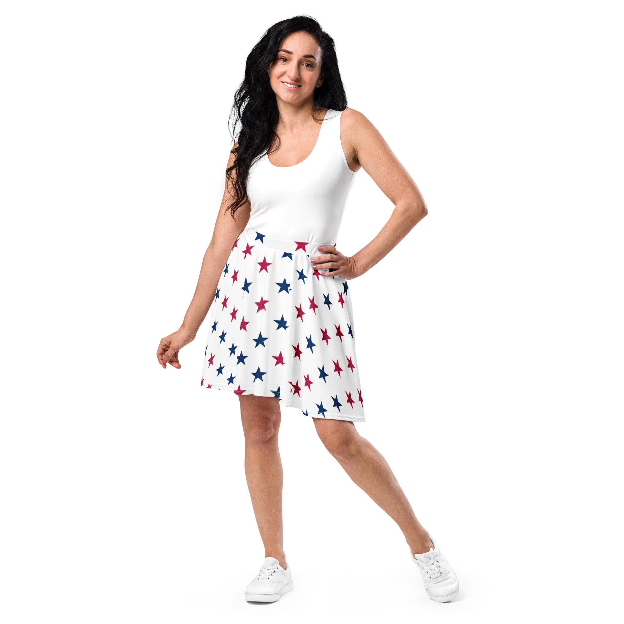 White sleeveless a-line dress with red and blue stars made from recycled fabric with upf 50 plus protection
