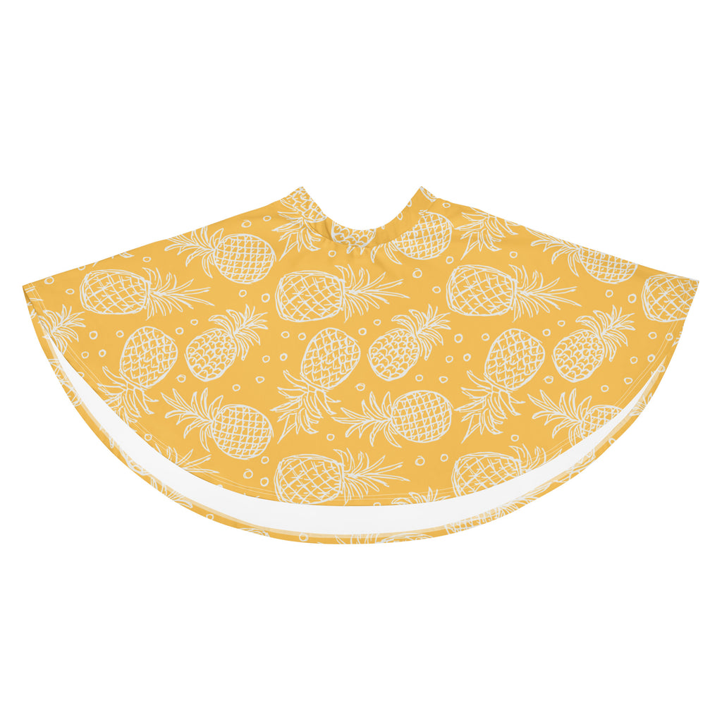 Yellow pineapple-patterned women’s skater skirt with white outline design flowy high waisted upf 50 plus recycled fabric
