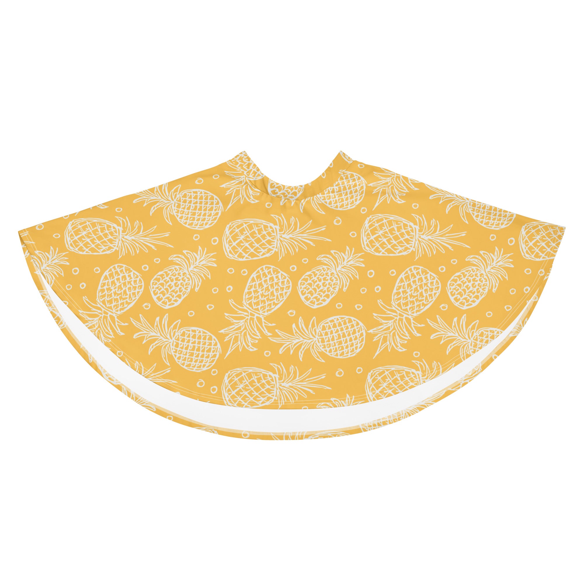 Yellow pineapple-patterned women’s skater skirt with white outline design flowy high waisted upf 50 plus recycled fabric
