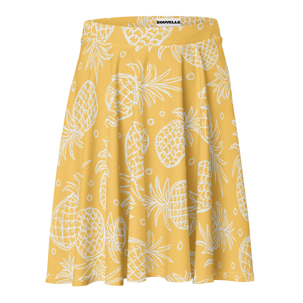 Yellow pleated women’s pineapple skater skirt with white pattern high waisted flowy upf 50 recycled fabric by bouvelle