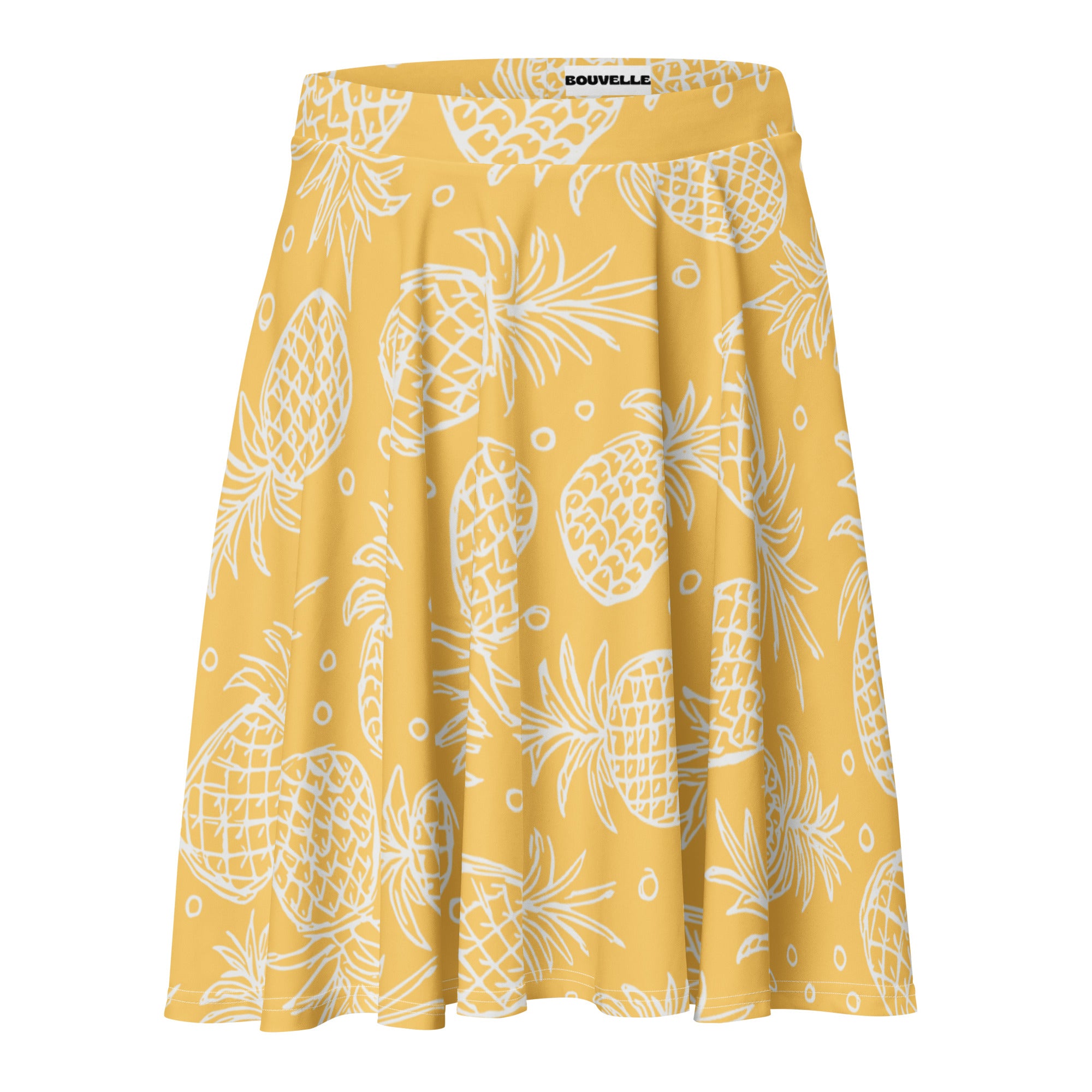 Yellow pleated women’s pineapple skater skirt with white pattern high waisted flowy upf 50 recycled fabric by bouvelle