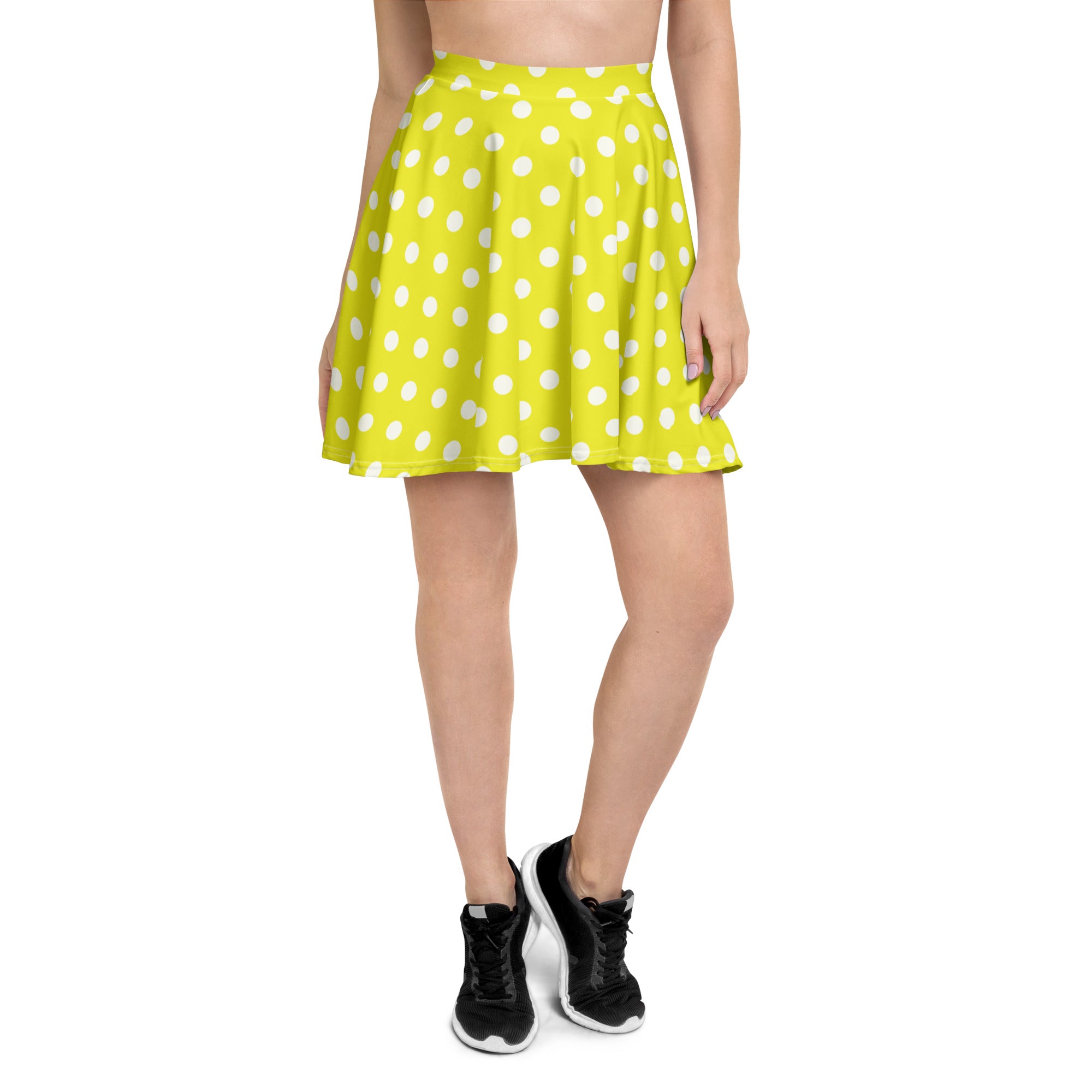 Women’s yellow polka dot skater skirt in bright lime green with white polka dots flowy high waisted recycled fabric upf 50+