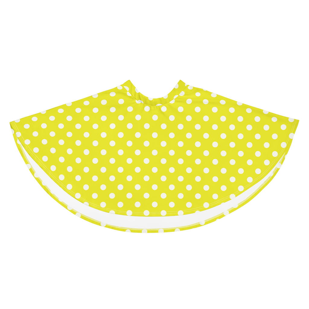 A bright lime green rain poncho with white polka dots and contrasting white trim designed for lightweight rain protection