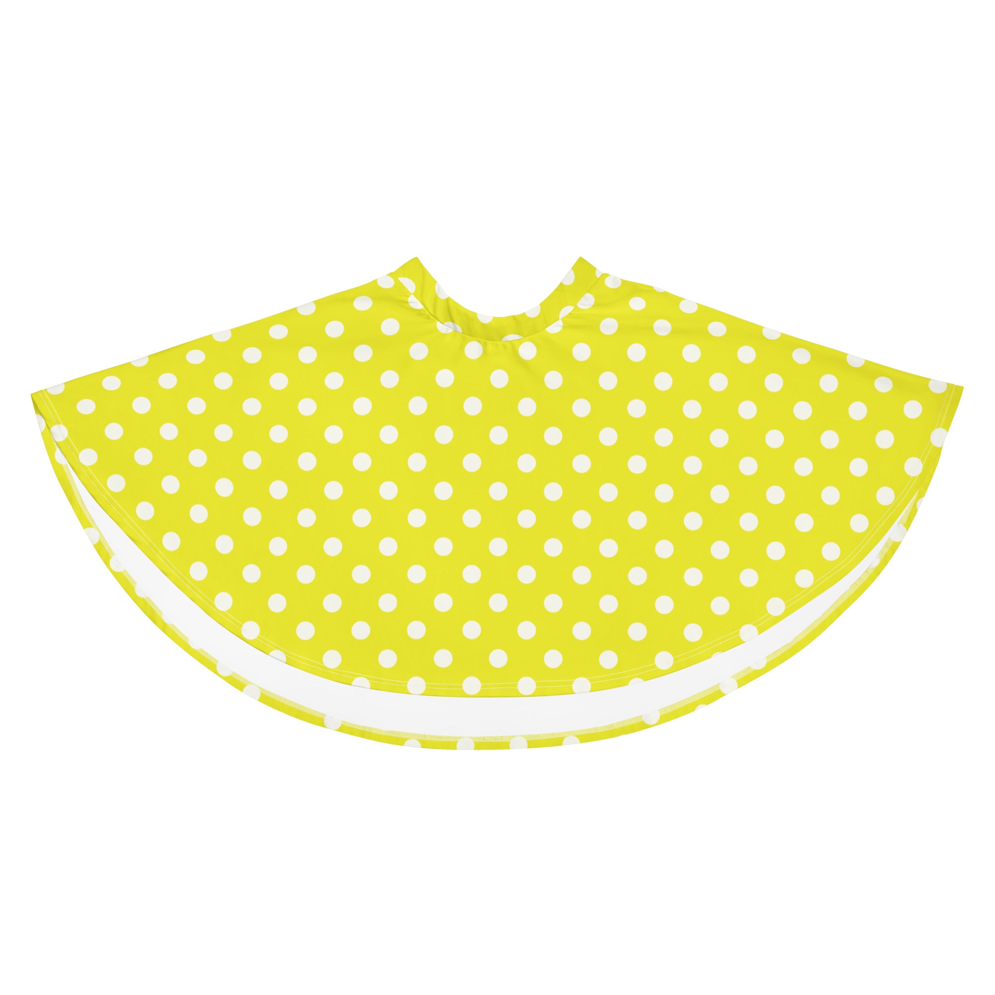 A bright lime green rain poncho with white polka dots and contrasting white trim designed for lightweight rain protection