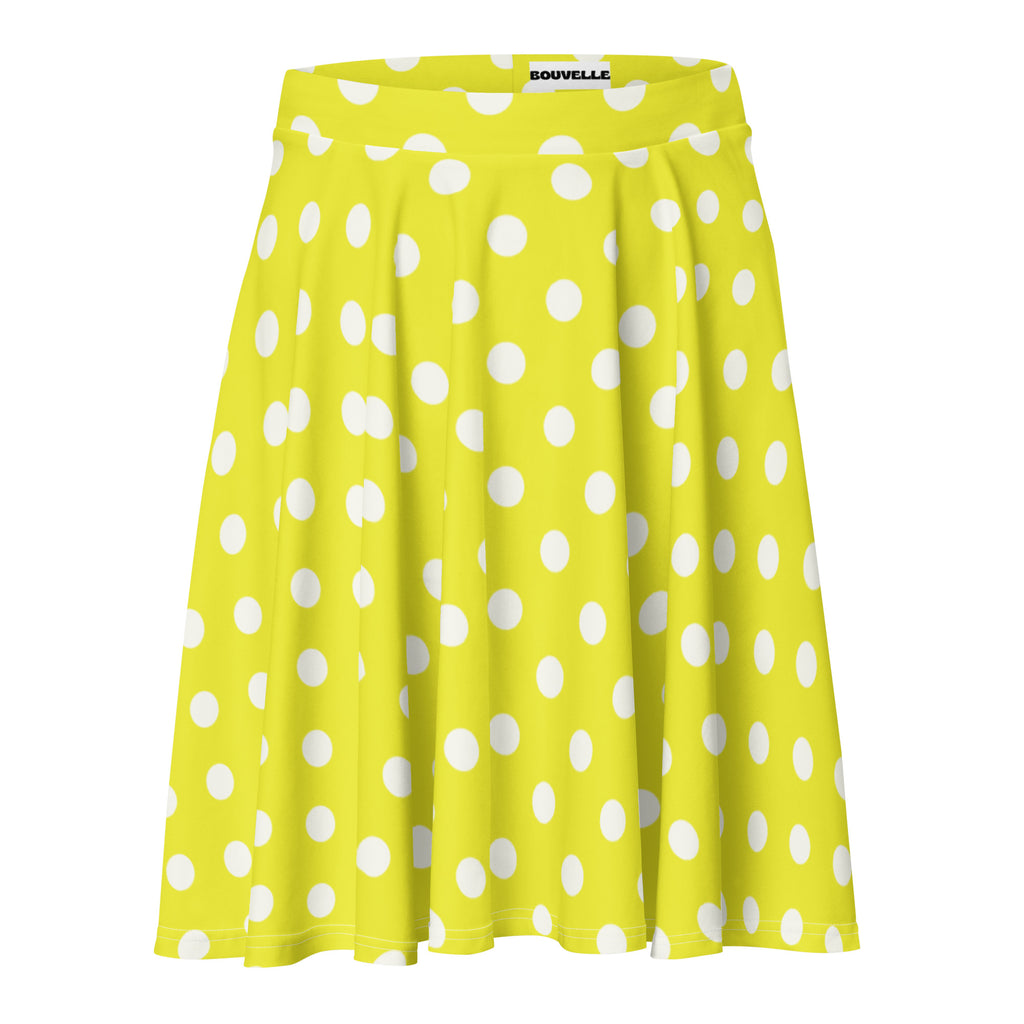 Women’s yellow polka dot pleated skater skirt with bouvelle branded waistband made from recycled fabric with UPF 50+