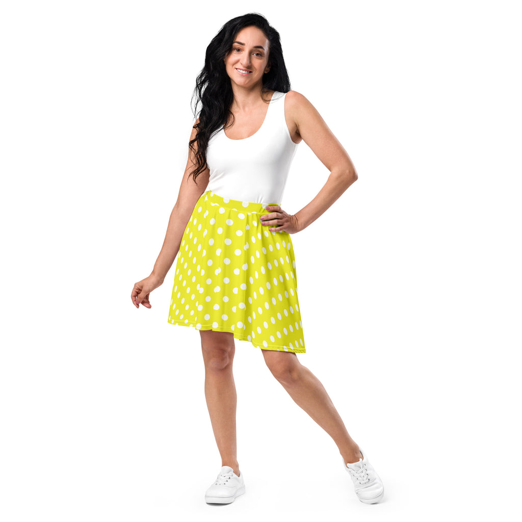 Women’s yellow polka dot skater skirt in bright lime green with white dots flowy high waisted recycled fabric upf 50+