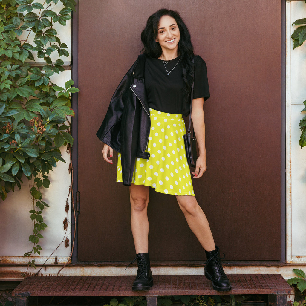 Women’s yellow polka dot skater skirt flowy high waisted lightweight fabric with upf 50 plus and recycled fabric