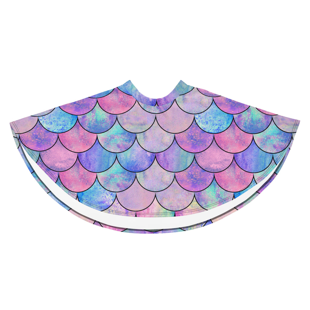 Women’s pastel mermaid skater skirt with iridescent pink purple blue mermaid scale cape in recycled fabric and upf 50 plus