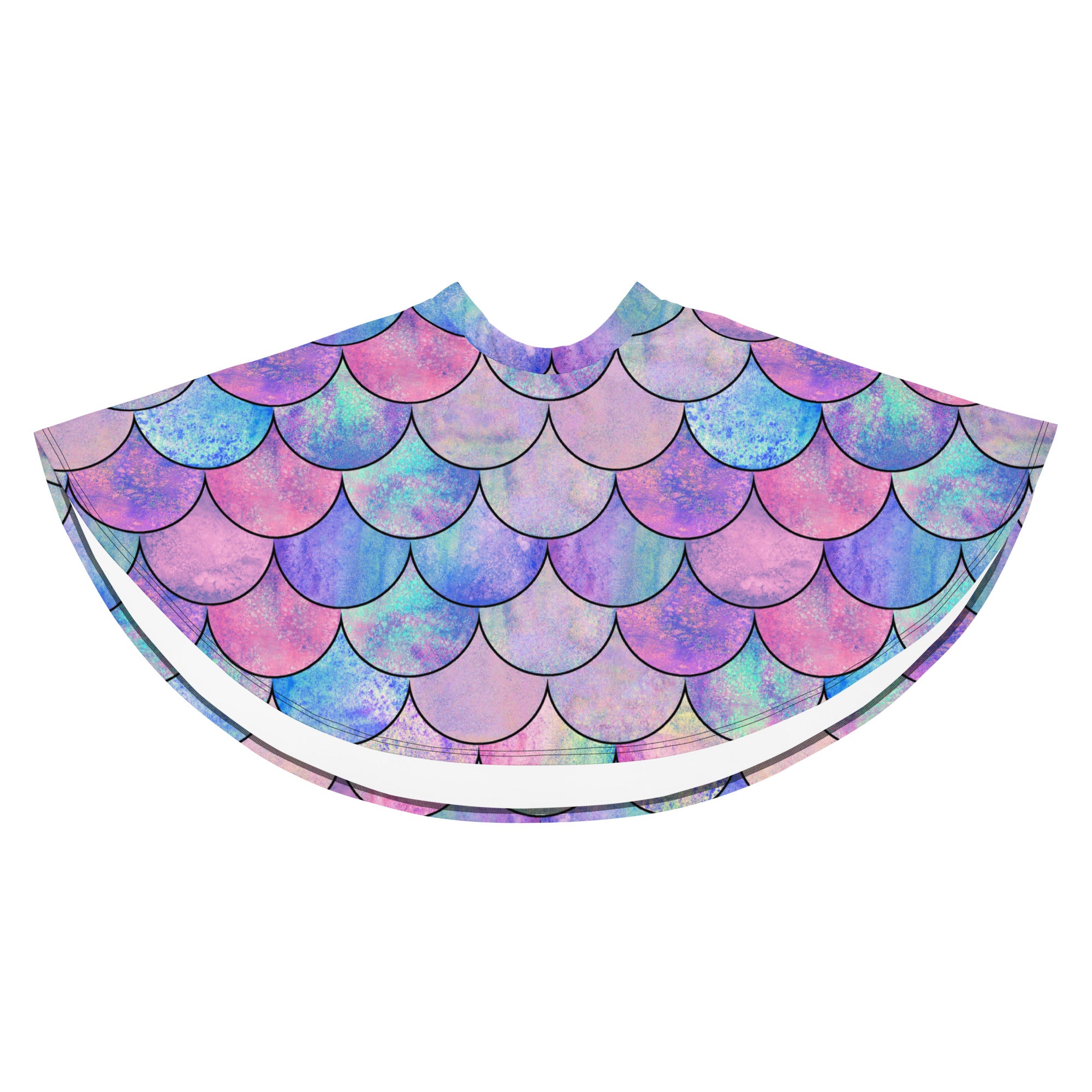Women’s pastel mermaid skater skirt with iridescent pink purple blue mermaid scale cape in recycled fabric and upf 50 plus