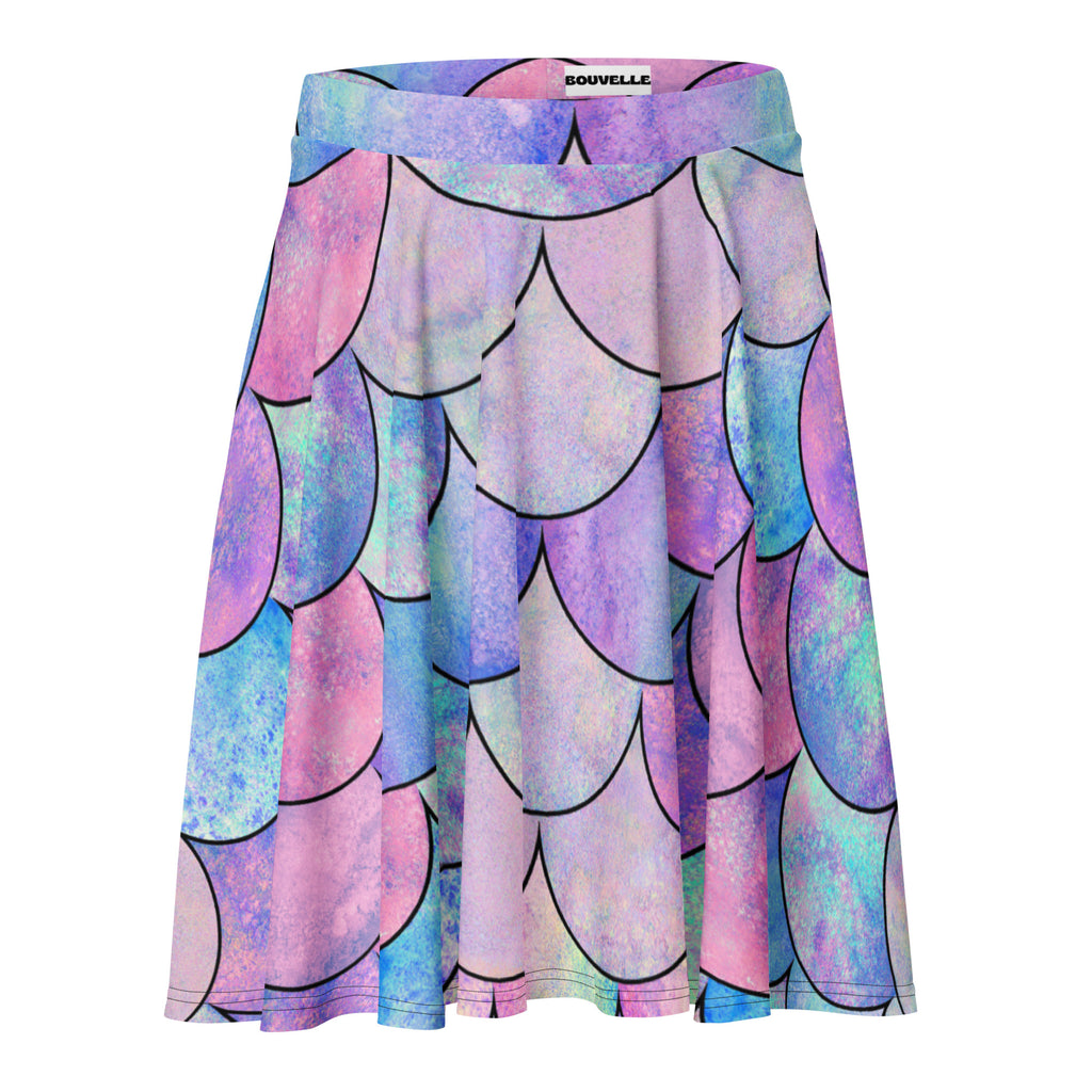 Women’s pastel mermaid skater skirt with colorful pink purple blue scale print black outlines flowy high waisted upf 50+ recycled fabric