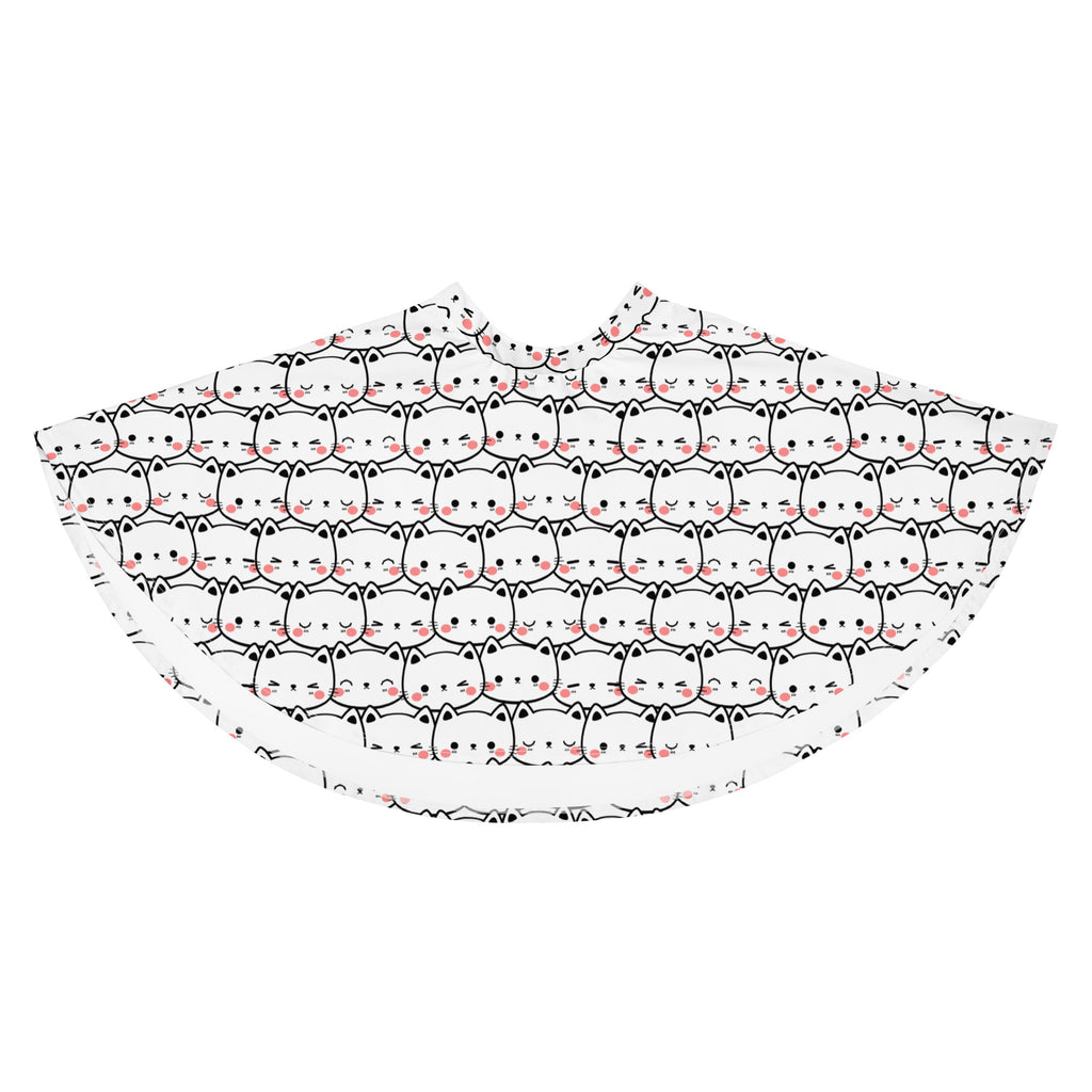 White women’s cat print skater skirt with flowy high waist black outlined cartoon cats pink blush cheeks upf 50 recycled fabric