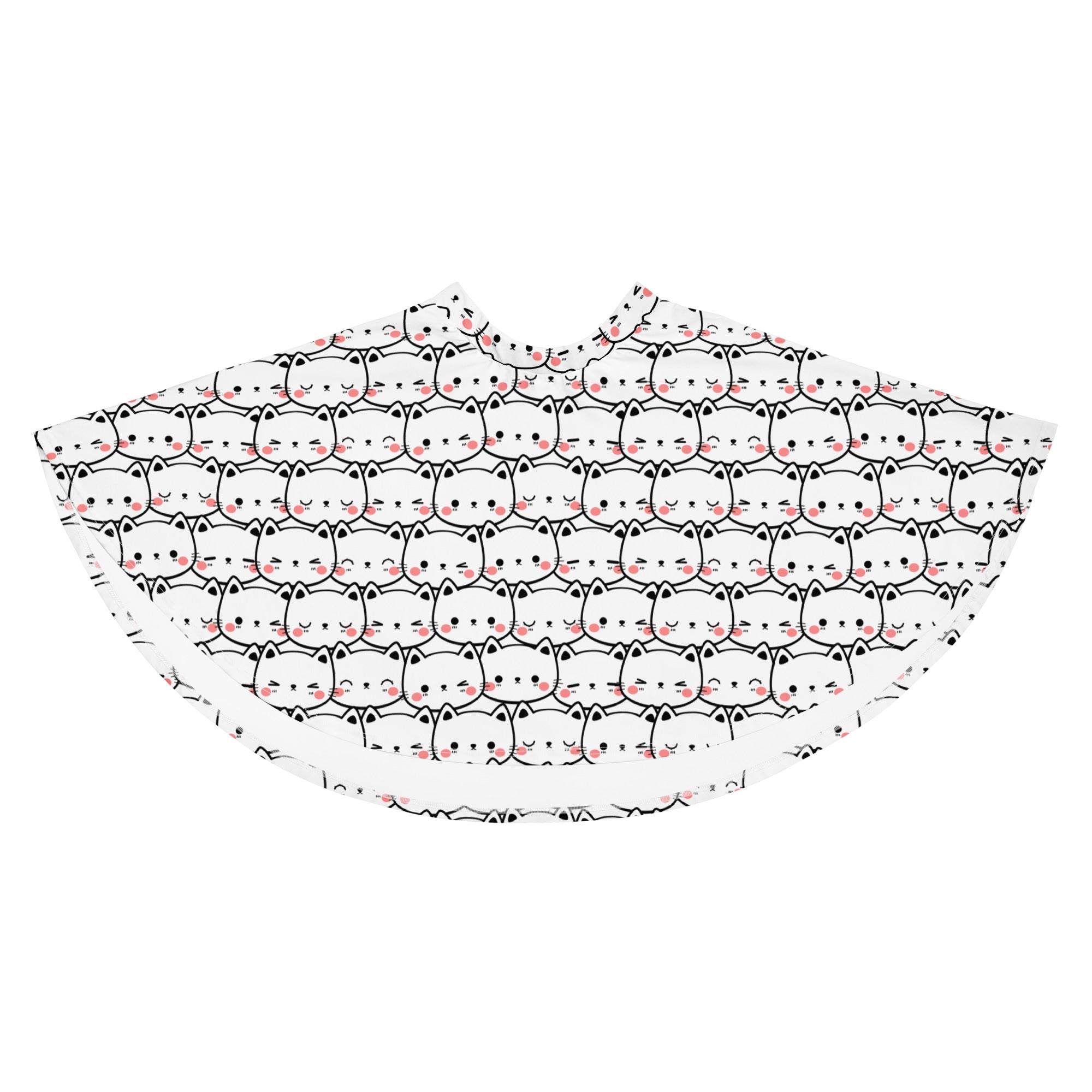 White women’s cat print skater skirt with flowy high waist black outlined cartoon cats pink blush cheeks upf 50 recycled fabric