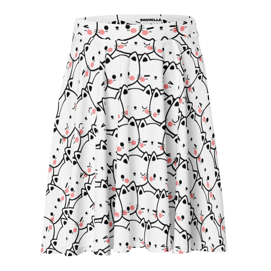 A white a-line women’s cat print skater skirt with black cartoon cats pink blush high waisted upf 50 plus recycled fabric
