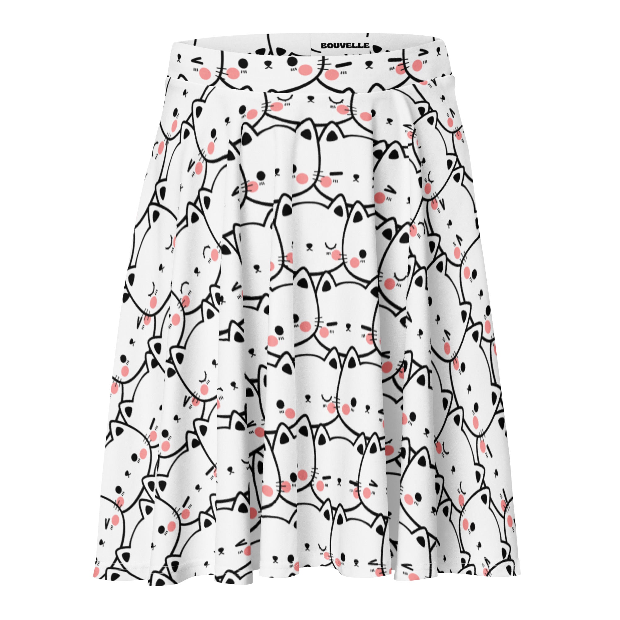 A white a-line women’s cat print skater skirt with black cartoon cats pink blush high waisted upf 50 plus recycled fabric