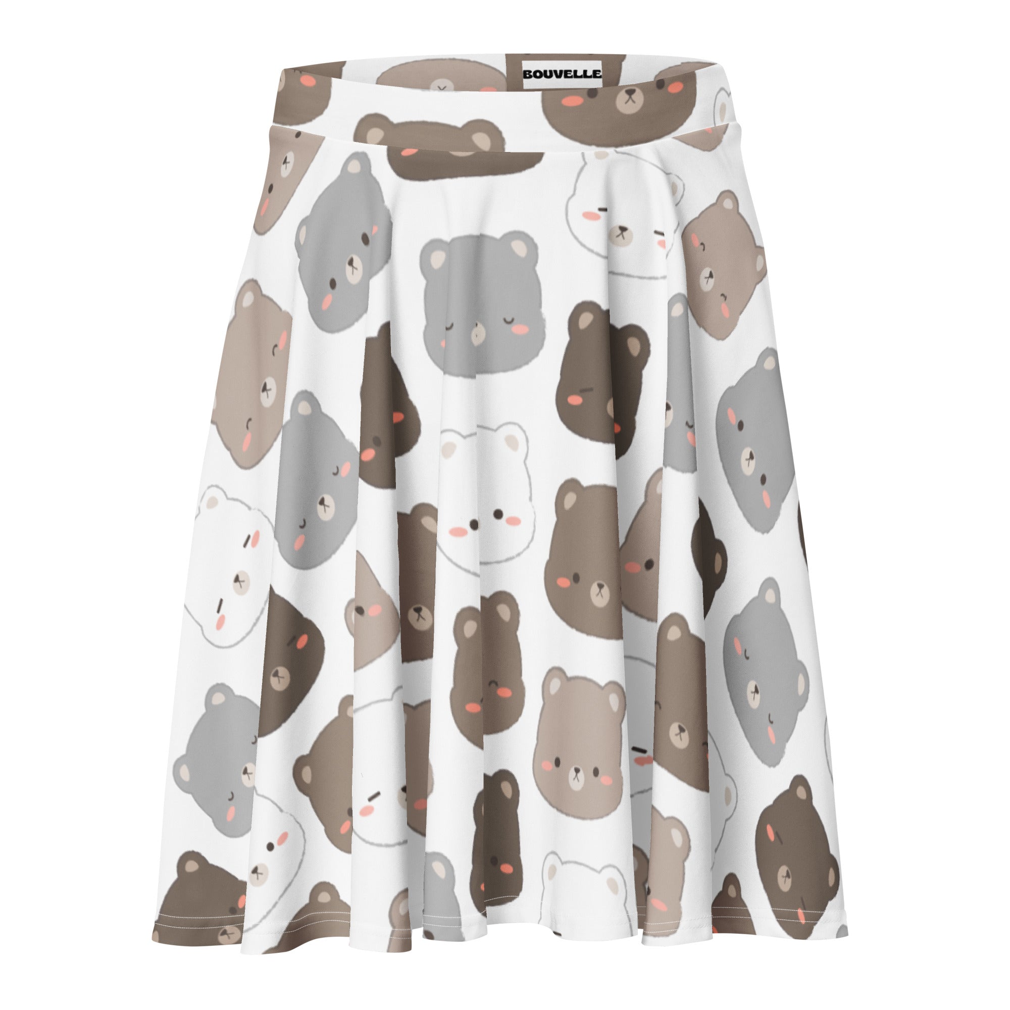 White pleated women’s skater skirt with cute brown gray bear pattern high waisted flowy recycled fabric upf 50+