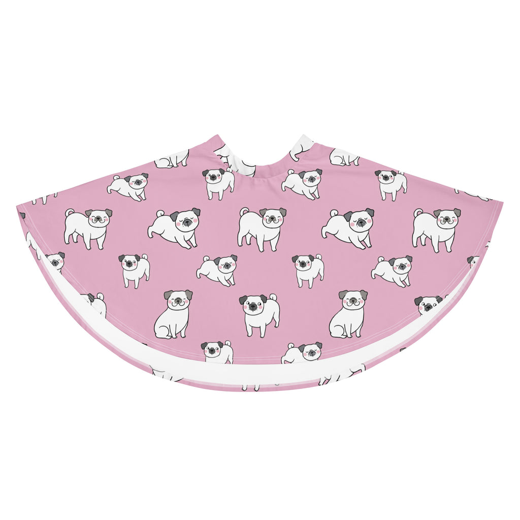 Women’s pink pug-patterned barber cape with white trim made from recycled fabric and designed for flowy comfort