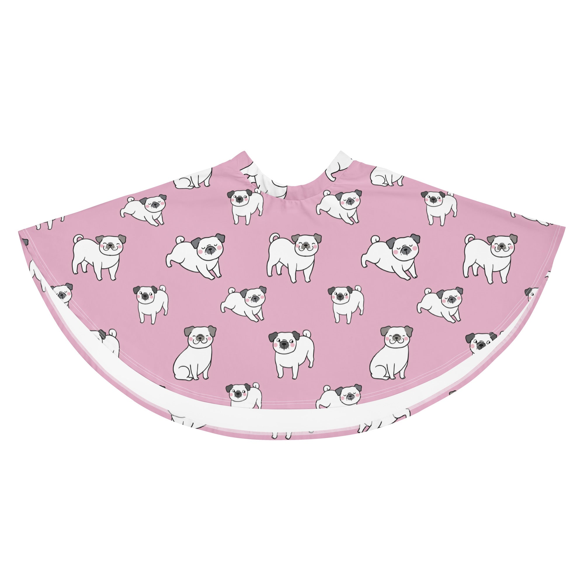 Women’s pink pug-patterned barber cape with white trim made from recycled fabric and designed for flowy comfort
