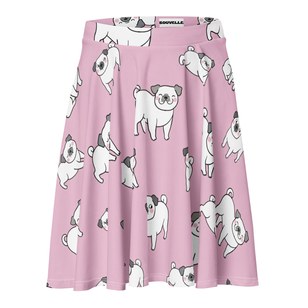 Women’s pink pug skater skirt with playful cartoon pug print flowy high waisted recycled fabric upf 50+