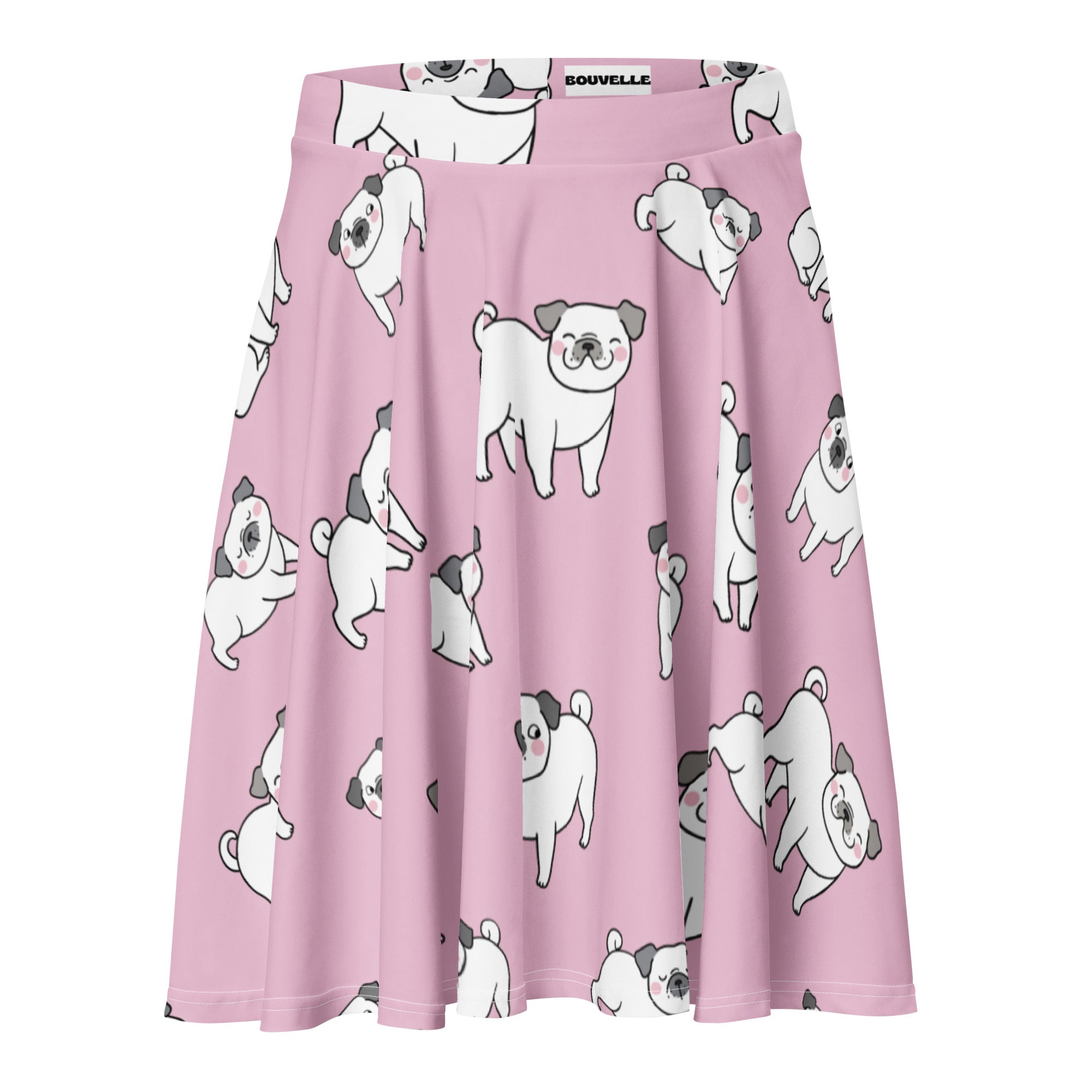 Women’s pink pug skater skirt with playful cartoon pug print flowy high waisted recycled fabric upf 50+