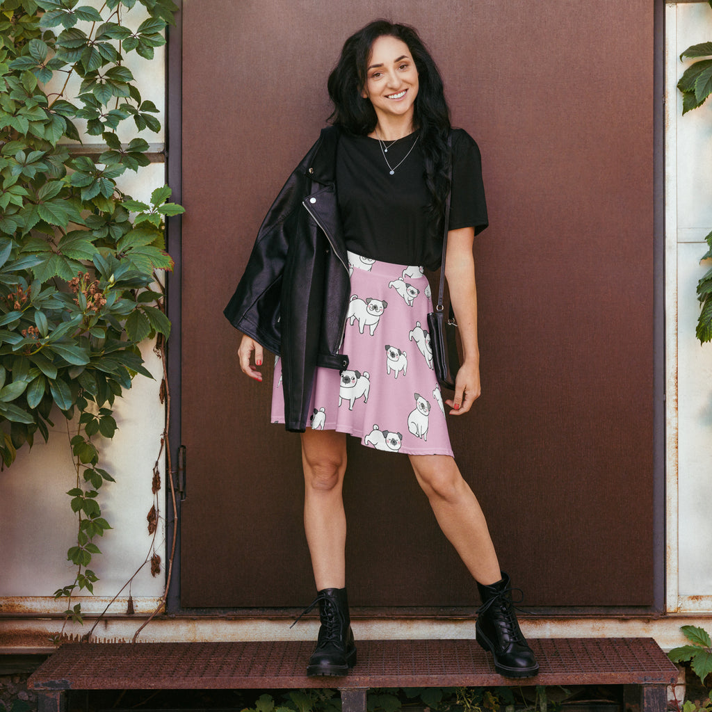 Women’s pink pug skater skirt with playful white pug pattern flowy high waisted recycled fabric upf 50 plus