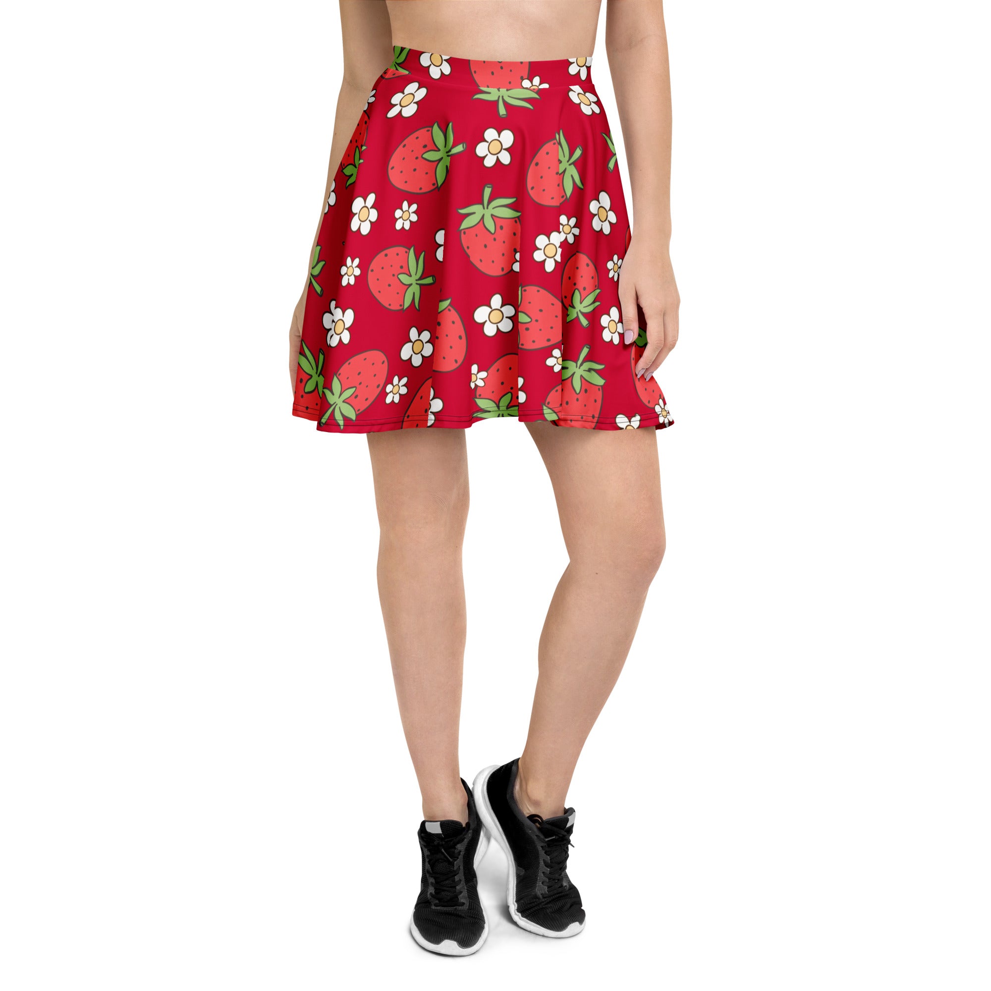 Women’s red strawberry skater skirt with white flower print flowy high waisted upf 50 plus recycled fabric