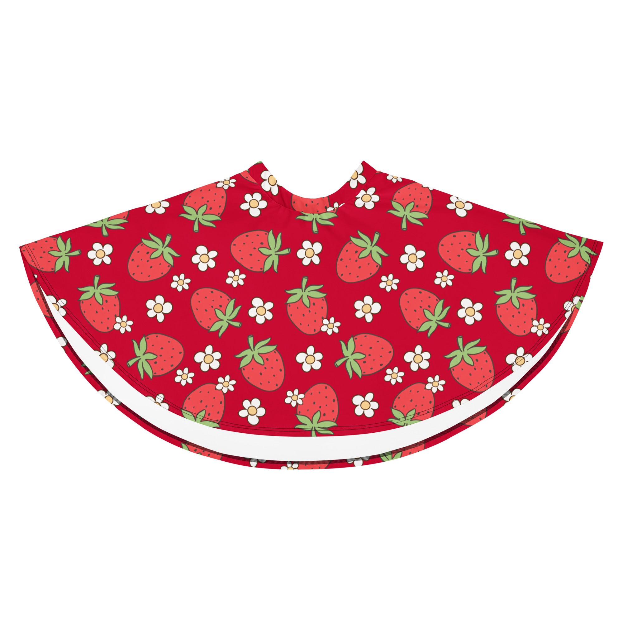 Women’s red strawberry skater skirt with white flower pattern flowy high waisted upf 50 plus recycled fabric