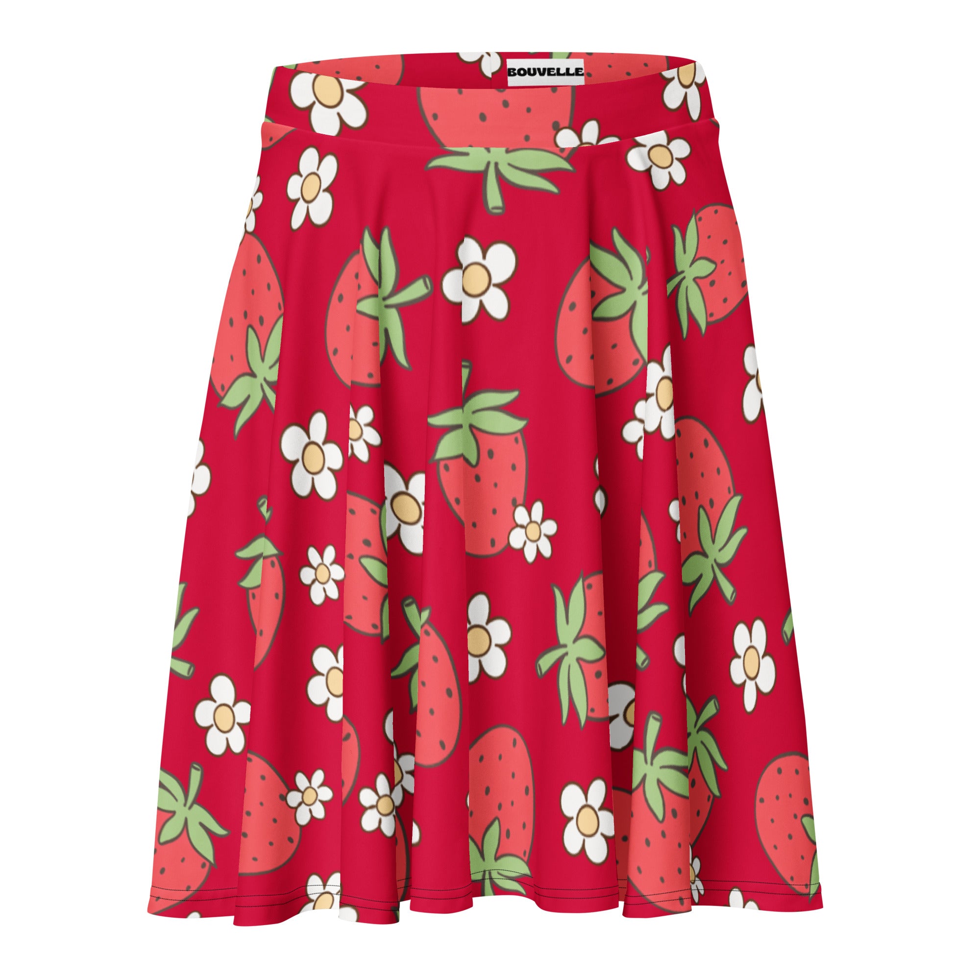 Women’s red strawberry skater skirt with playful cartoon strawberry and daisy pattern flowy high waisted recycled fabric